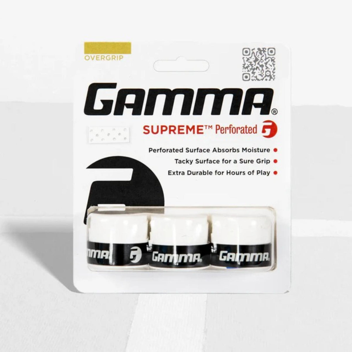 Tennis racket perforated overgrip pack with multiple grip wraps in retail packaging, designed for enhanced moisture absorption, traction, and durability.