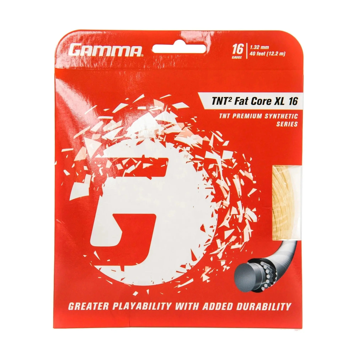 Tennis racket string set in retail packaging, designed for enhanced playability, power, and added durability.