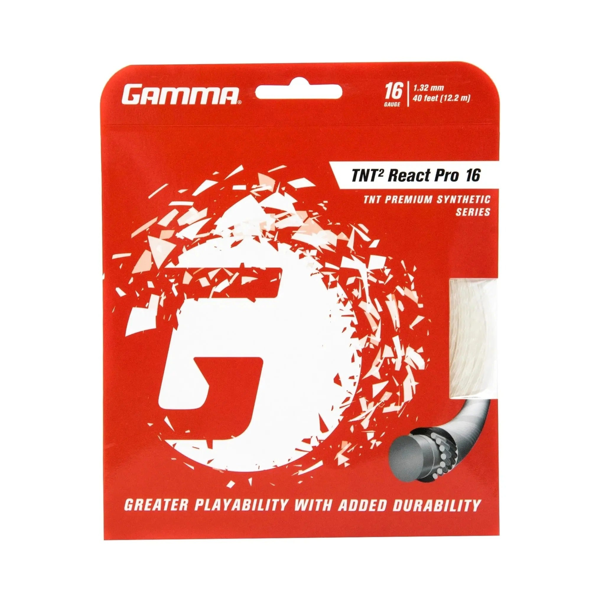 Tennis racket string set in retail packaging, designed for enhanced playability, responsiveness, and durability.