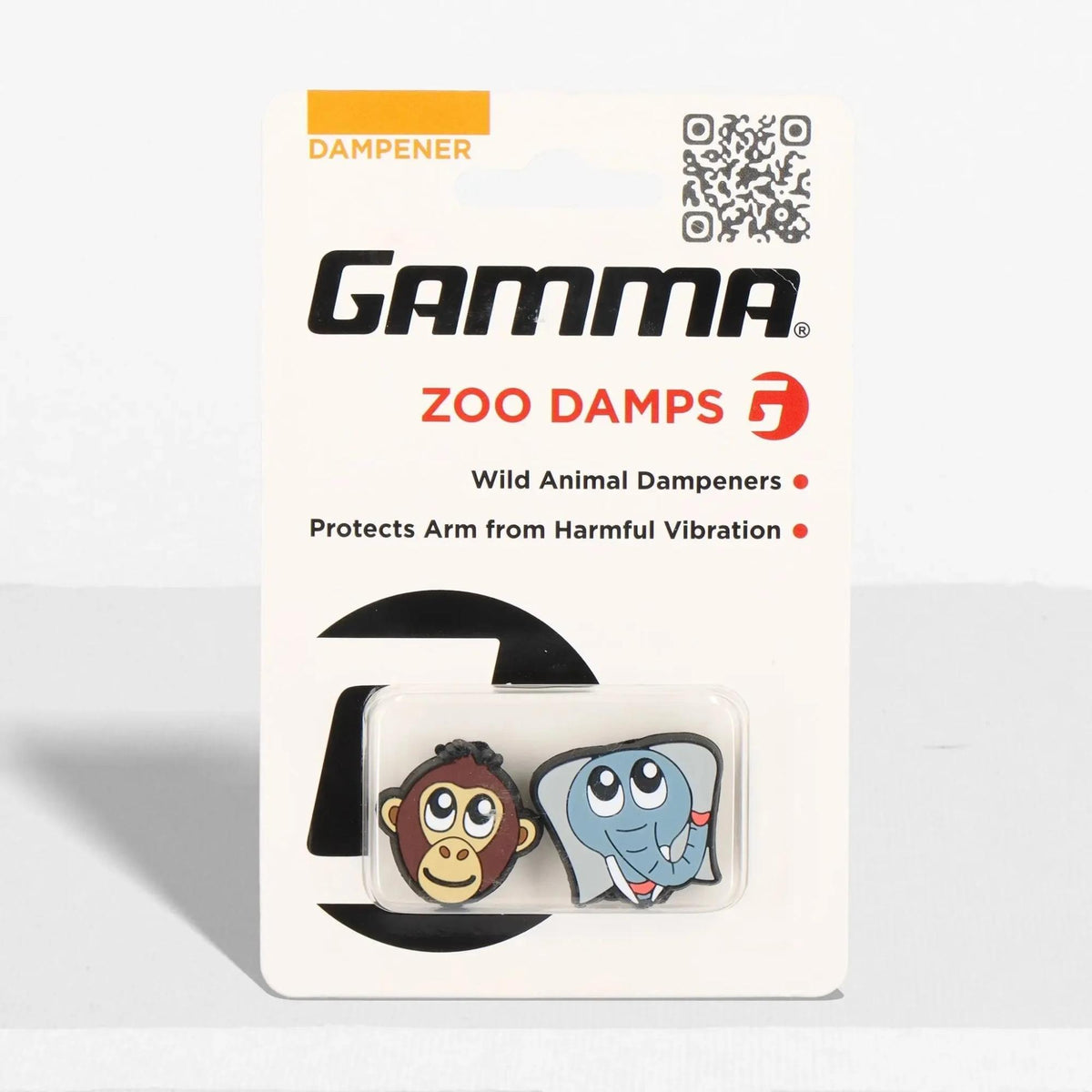 Tennis racket vibration dampeners featuring animal designs, packaged in a small retail display for reducing string vibration.
