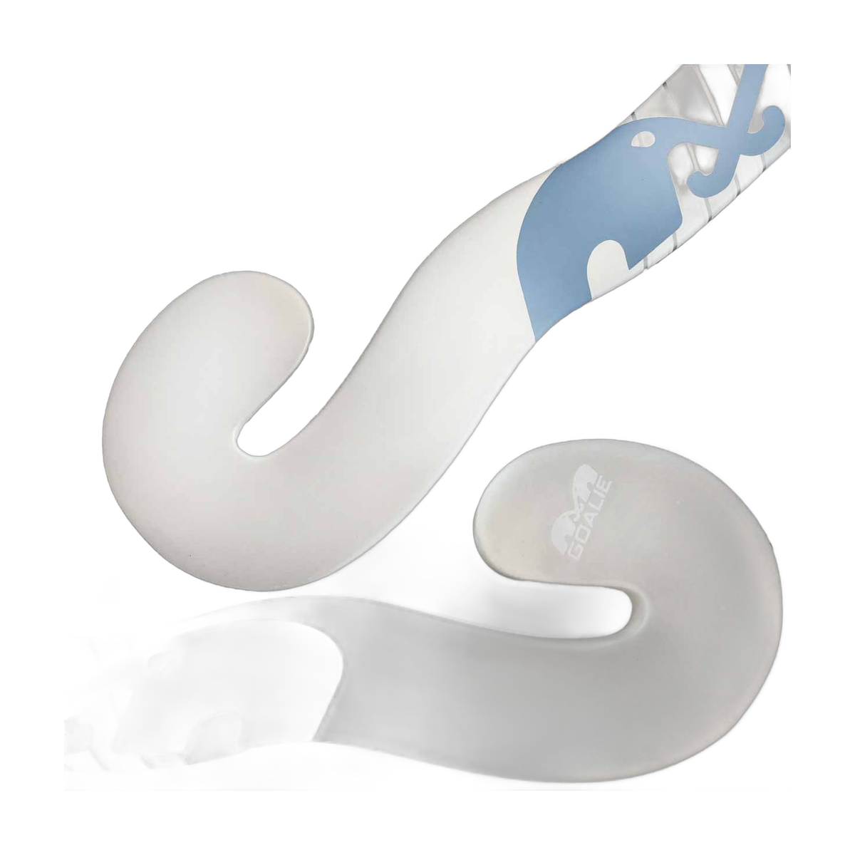 TK Goalie Curve field hockey stick in white with light blue graphic accents