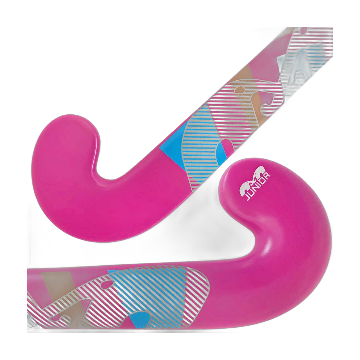 TK Junior Control Bow field hockey stick in bright pink with blue and tan graphic accents