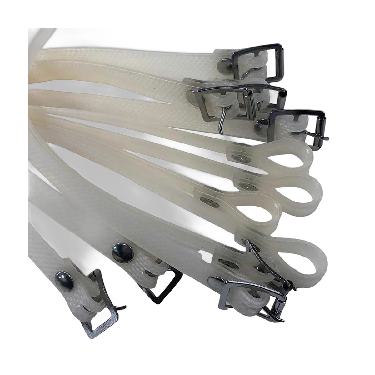 Set of 12 translucent replacement kicker straps for TK goalkeeping gear, featuring durable plastic loops with metal buckles for secure attachment.