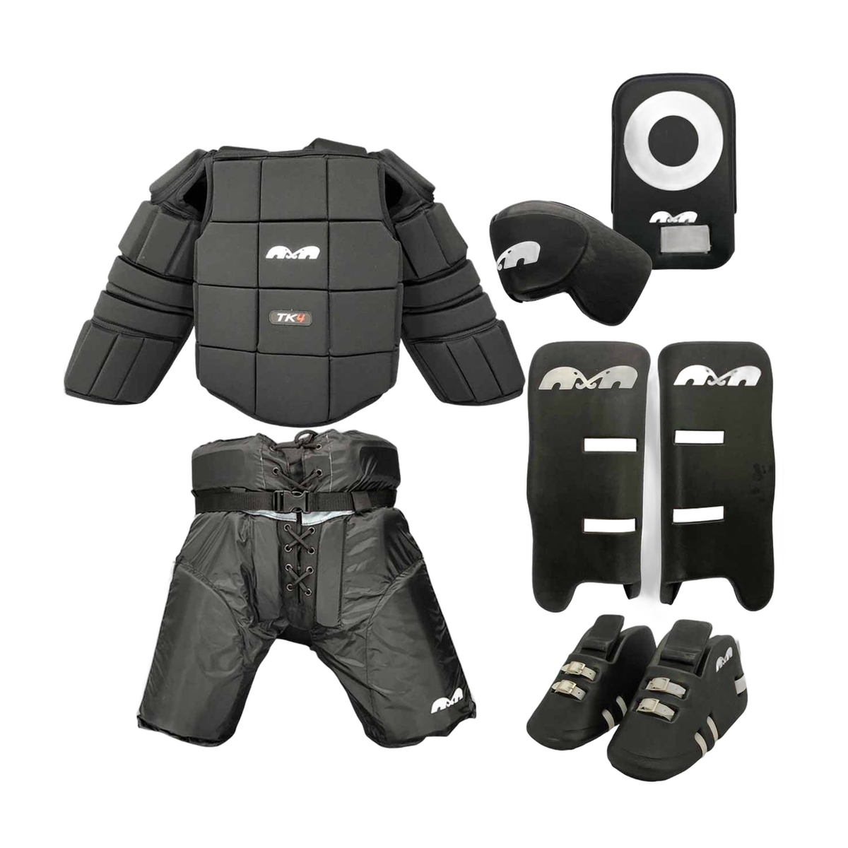 TK entry level goalkeeper set designed for beginners, featuring essential protective gear including chest guard, padded shorts, kickers, leg guards, and hand protectors, providing reliable coverage, comfort, and durability to help new goalkeepers build confidence and develop their skills safely