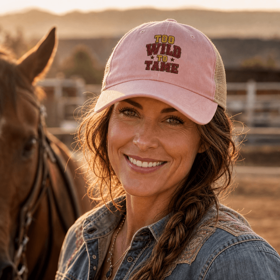 Women's Washed Mesh Hat Cowgirl Chic Ball Cap, Too Wild to Tame Hat