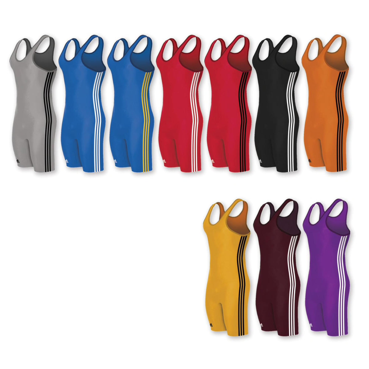 Multiple Adidas wrestling singlets displayed in assorted colors, arranged in two rows on a white background.