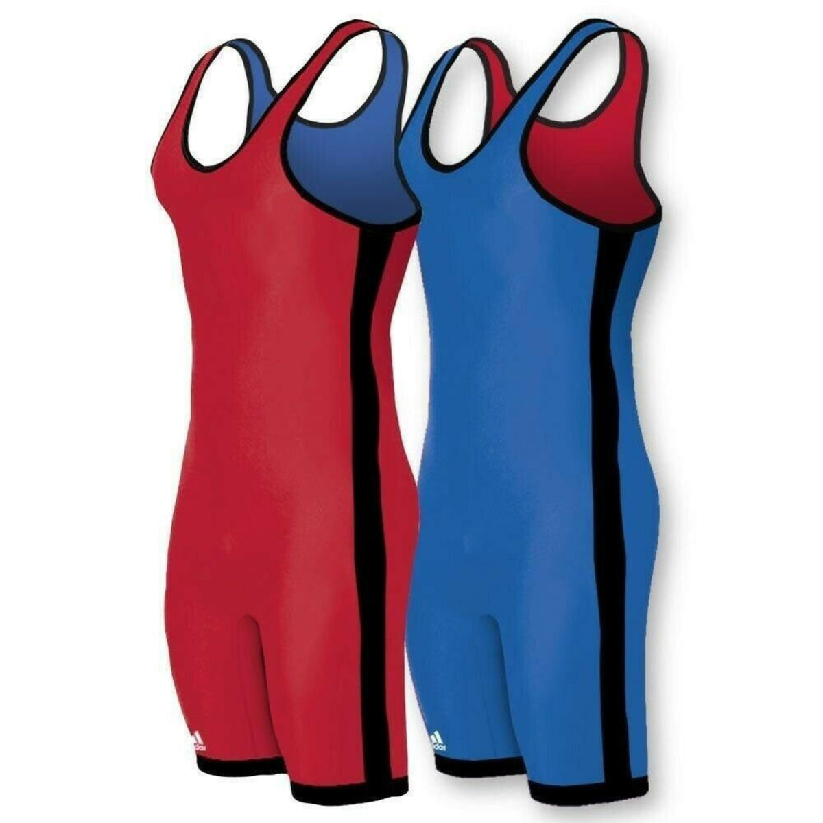 Red and blue Adidas wrestling singlets shown side by side, each with contrasting black side panels, on a white background.