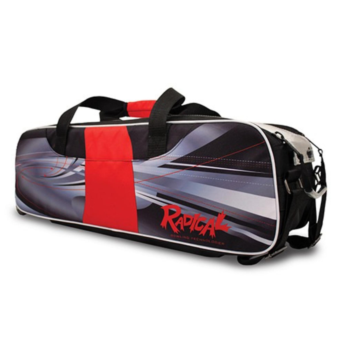 Triple bowling ball tote bag designed to carry multiple bowling balls, featuring a zippered main compartment, carry handles, and shoulder strap for transport.