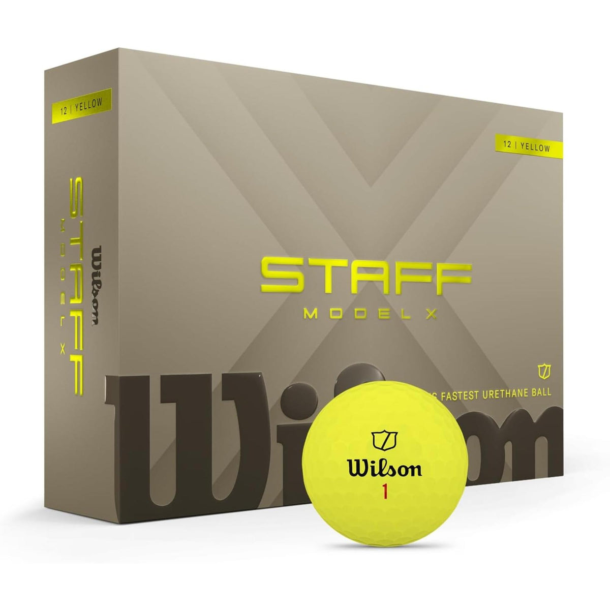 Wilson Staff Model X yellow golf balls 12 pack with high visibility urethane cover designed for maximum distance, fast ball speed, and tour level spin control from tee to green.