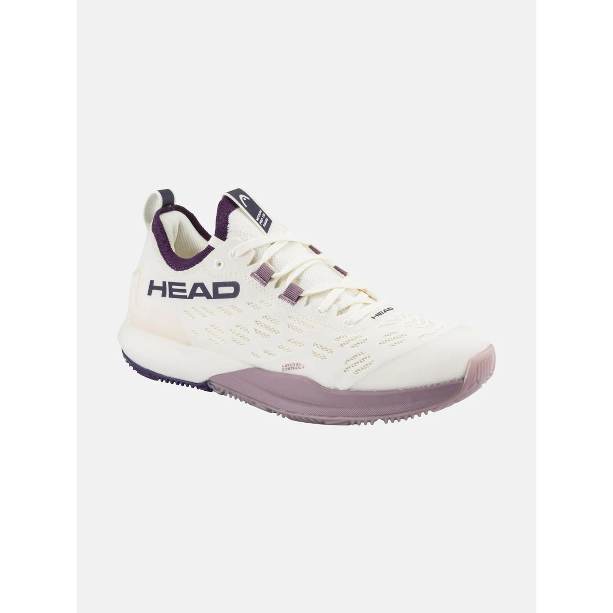 HEAD Motion Pro 1.5 women’s padel shoe in off-white with plum accents, featuring a breathable perforated upper, reinforced toe cap, cushioned midsole with lateral support, and durable outsole, shown in a three-quarter view on a clean white background.