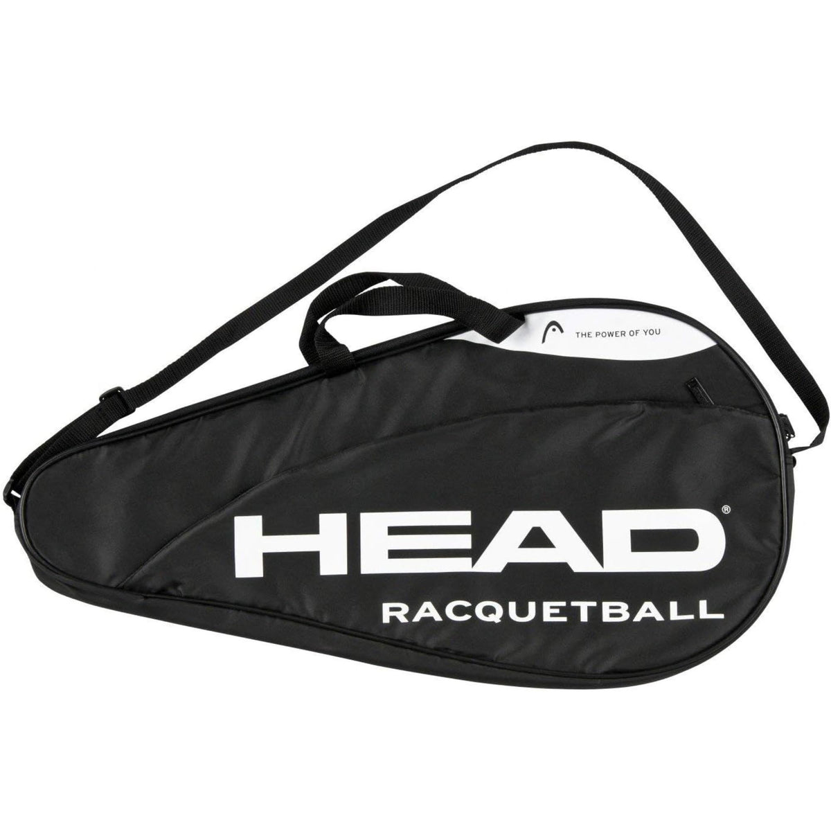 Black HEAD racquetball racket cover with shoulder strap and large white HEAD Racquetball logo.