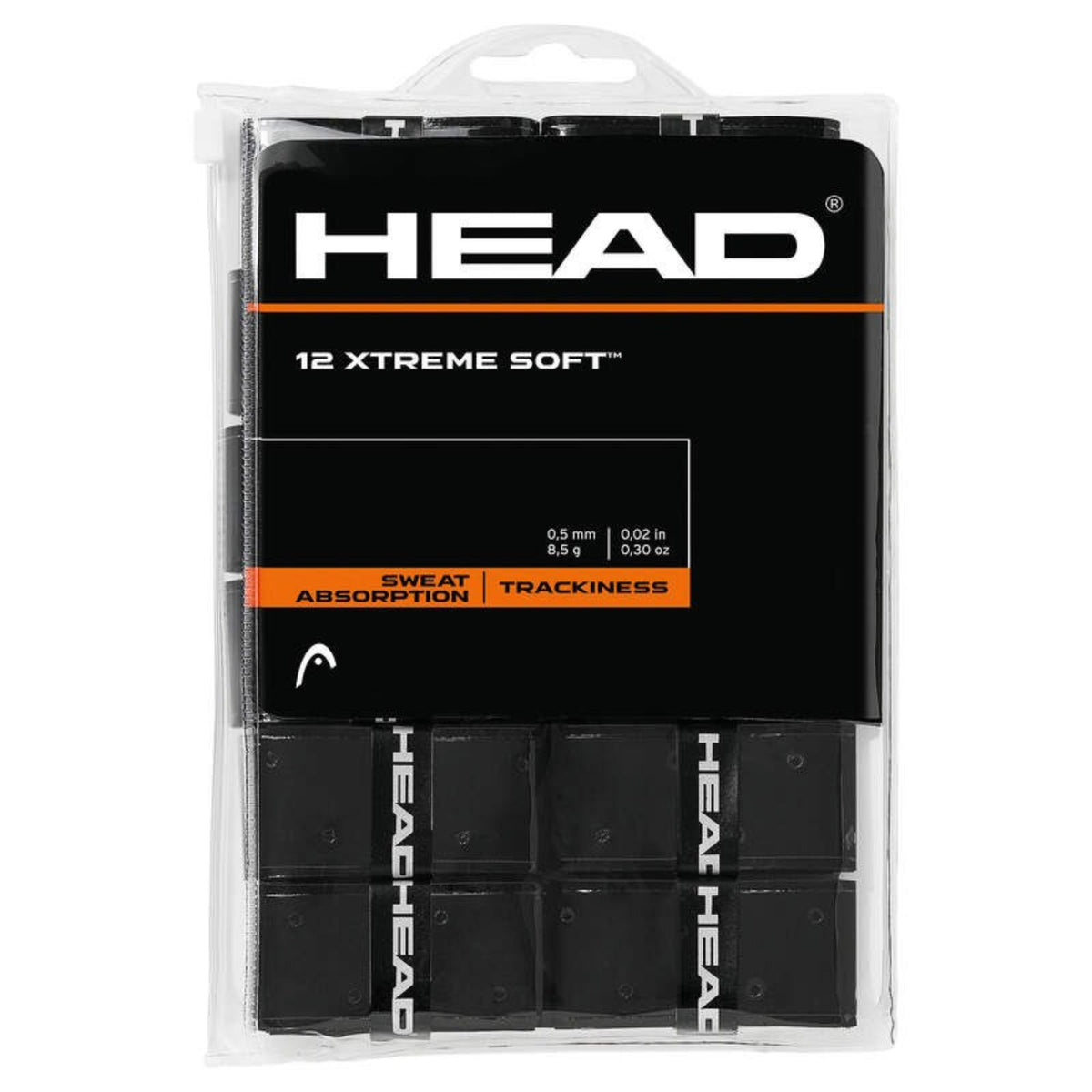 HEAD 12 Xtreme Soft overgrip pack in black, packaged in clear plastic with sweat absorption and tackiness features shown.