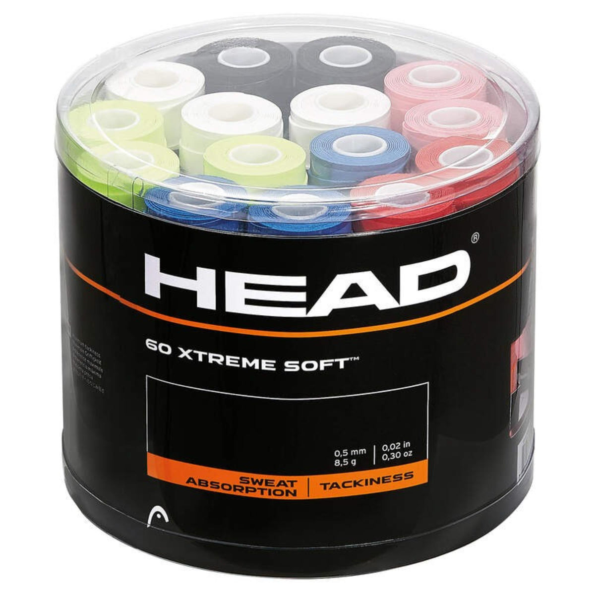 HEAD 60 Xtreme Soft tennis overgrip tub containing multiple overgrip rolls in assorted colors, packaged in a clear-lid cylindrical container highlighting sweat absorption and tackiness.