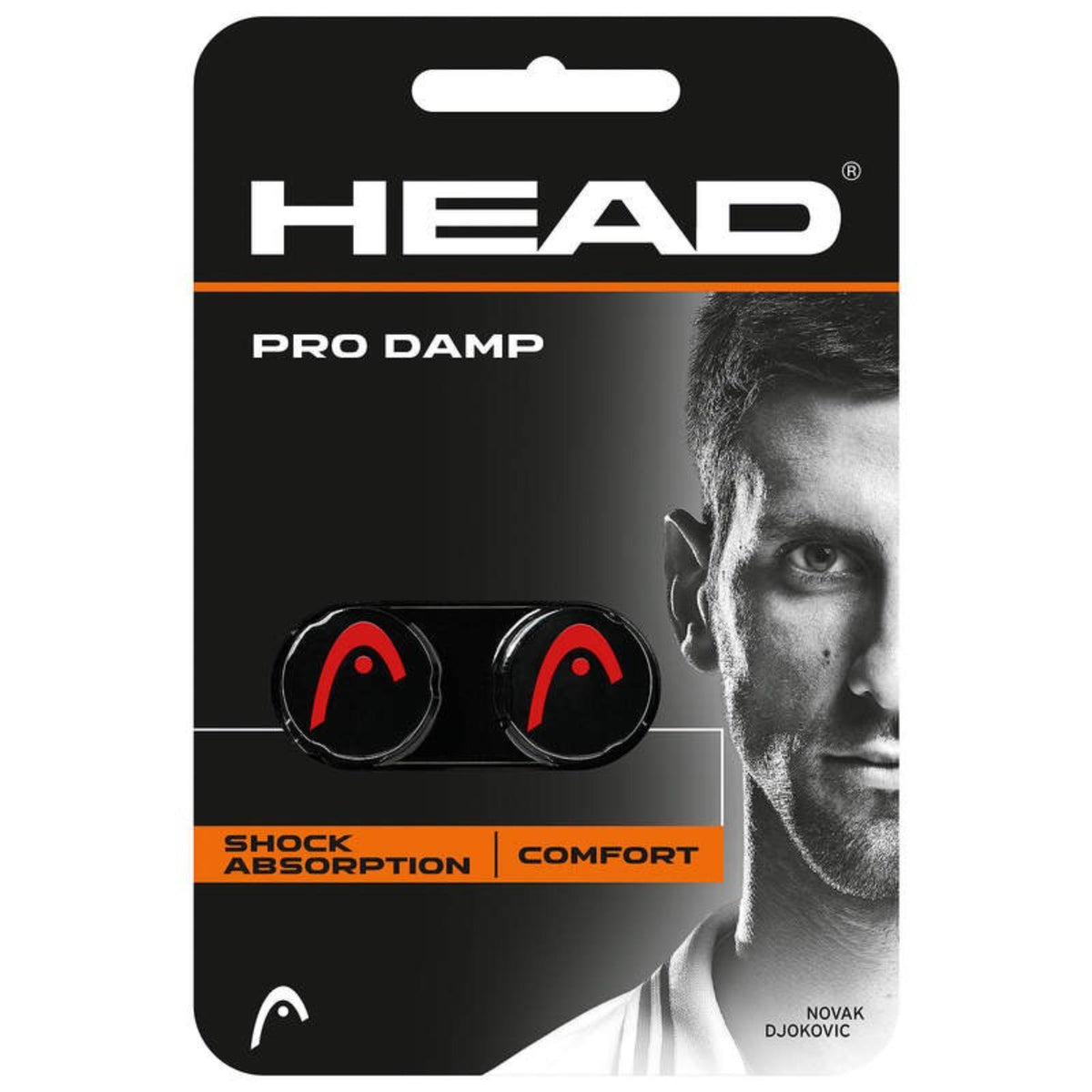HEAD Pro Damp vibration dampener in black retail packaging featuring Novak Djokovic