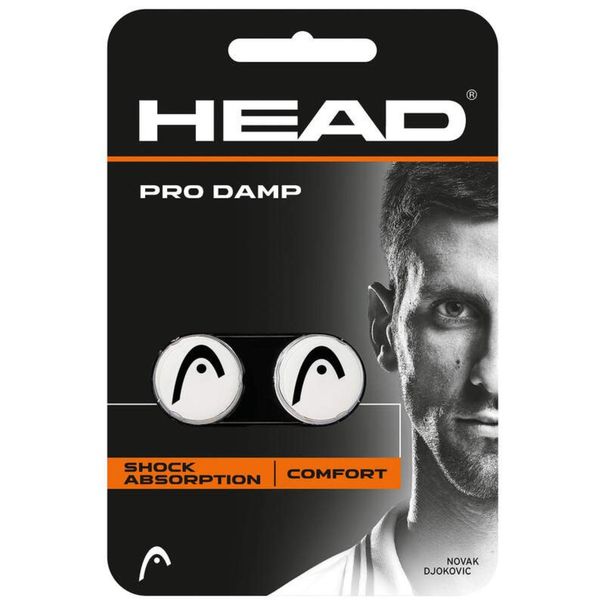 HEAD Pro Damp vibration dampener in white retail packaging featuring Novak Djokovic