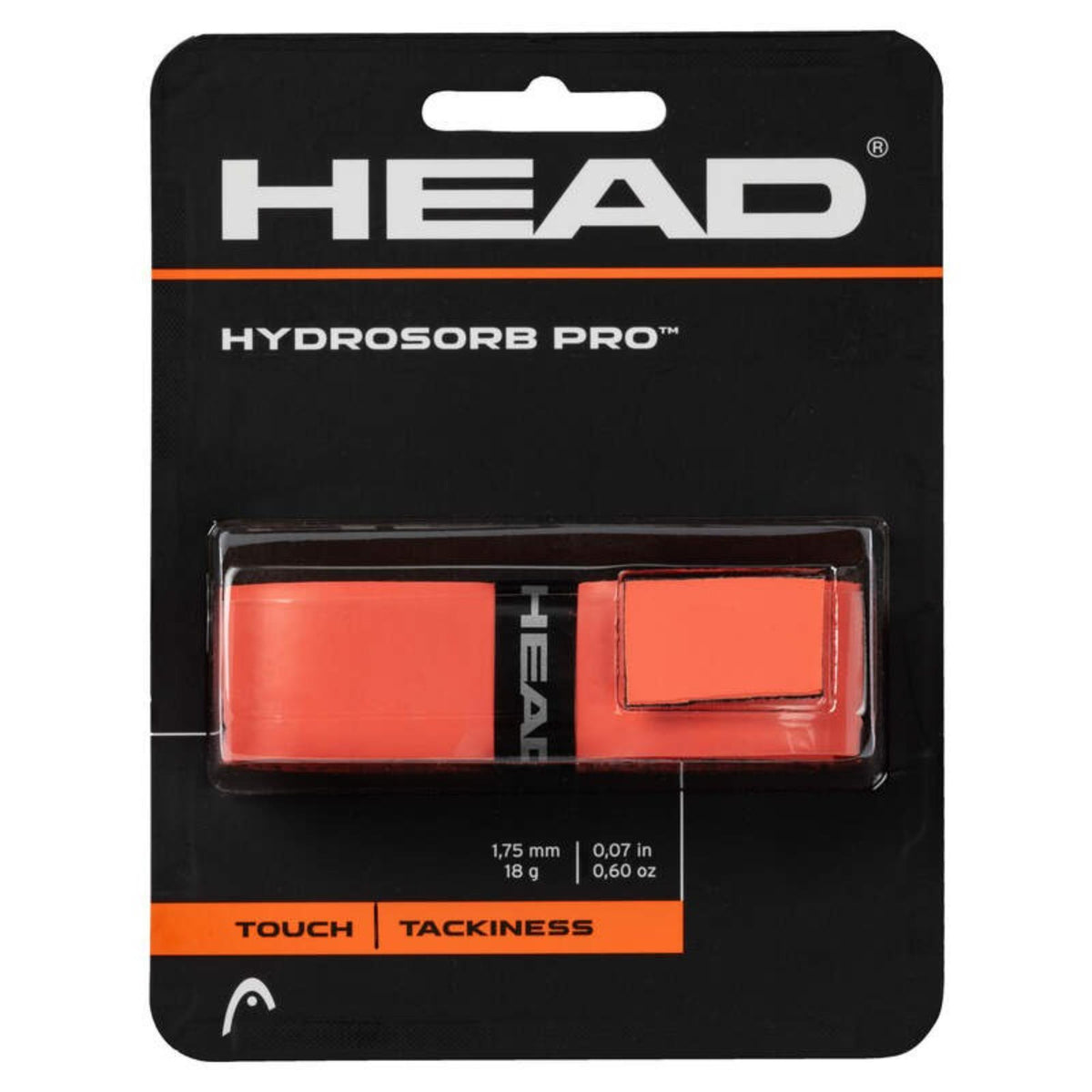 HEAD Hydrosorb Pro tennis grip packaging in orange, premium grip with tacky feel and comfort.