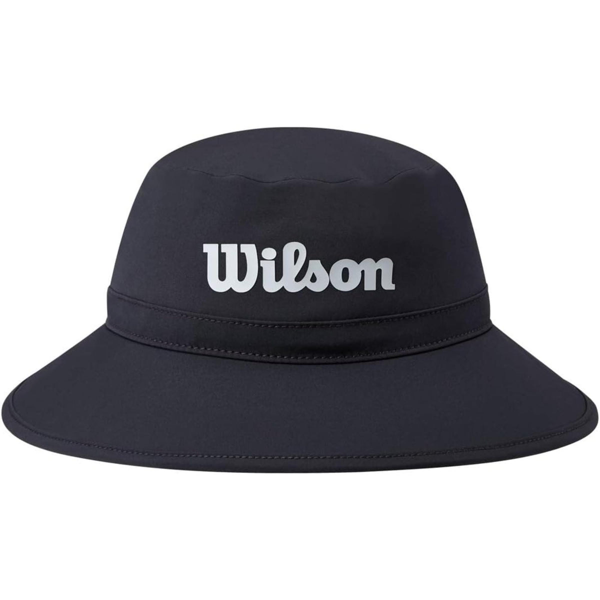 Wilson Golf waterproof rain hat in navy blue featuring a wide brim and white Wilson logo on the front for weather protection on the course.
