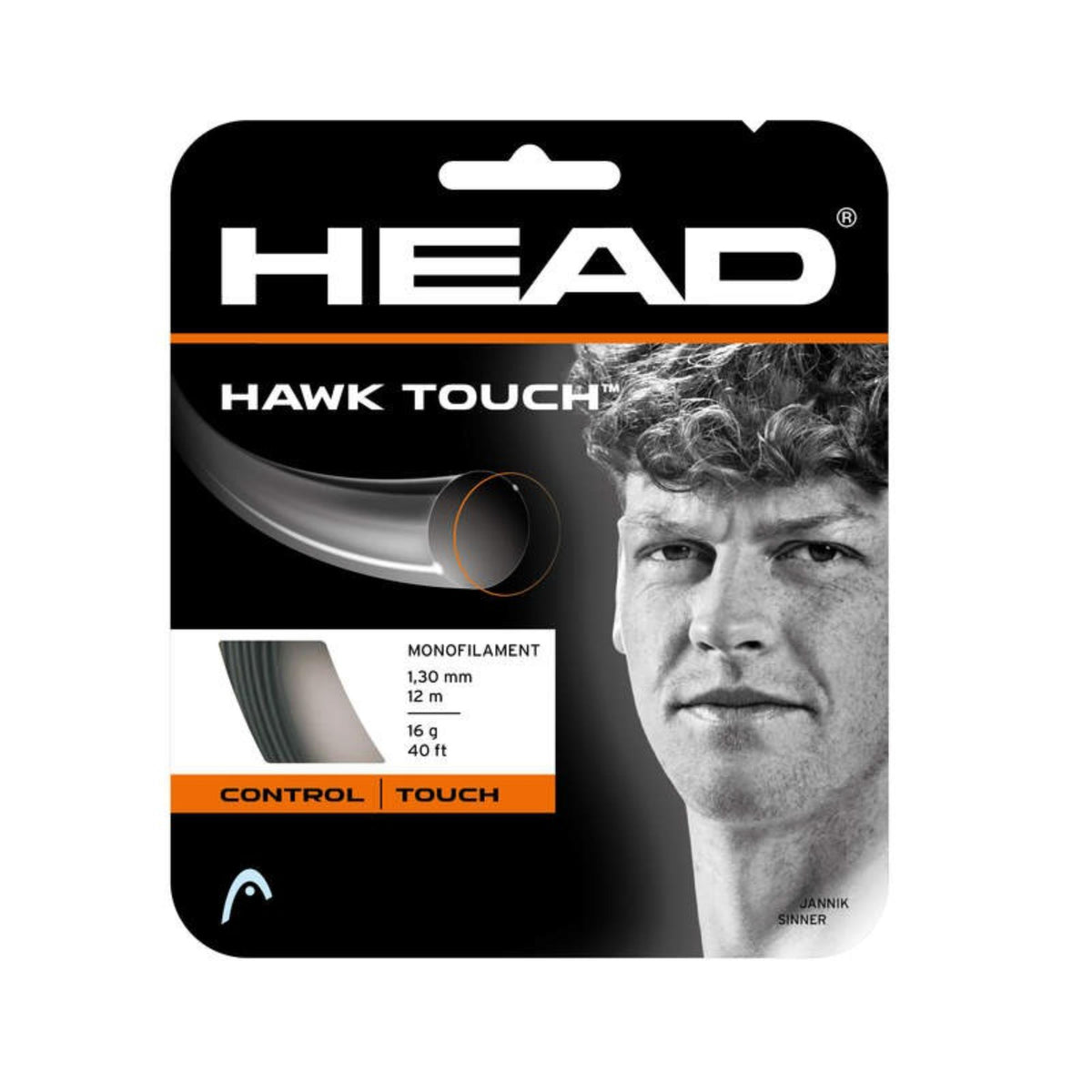 HEAD Hawk Touch monofilament tennis string, 1.30 mm, 12 m (40 ft), 16 g, designed for control and touch, featuring Jannik Sinner.