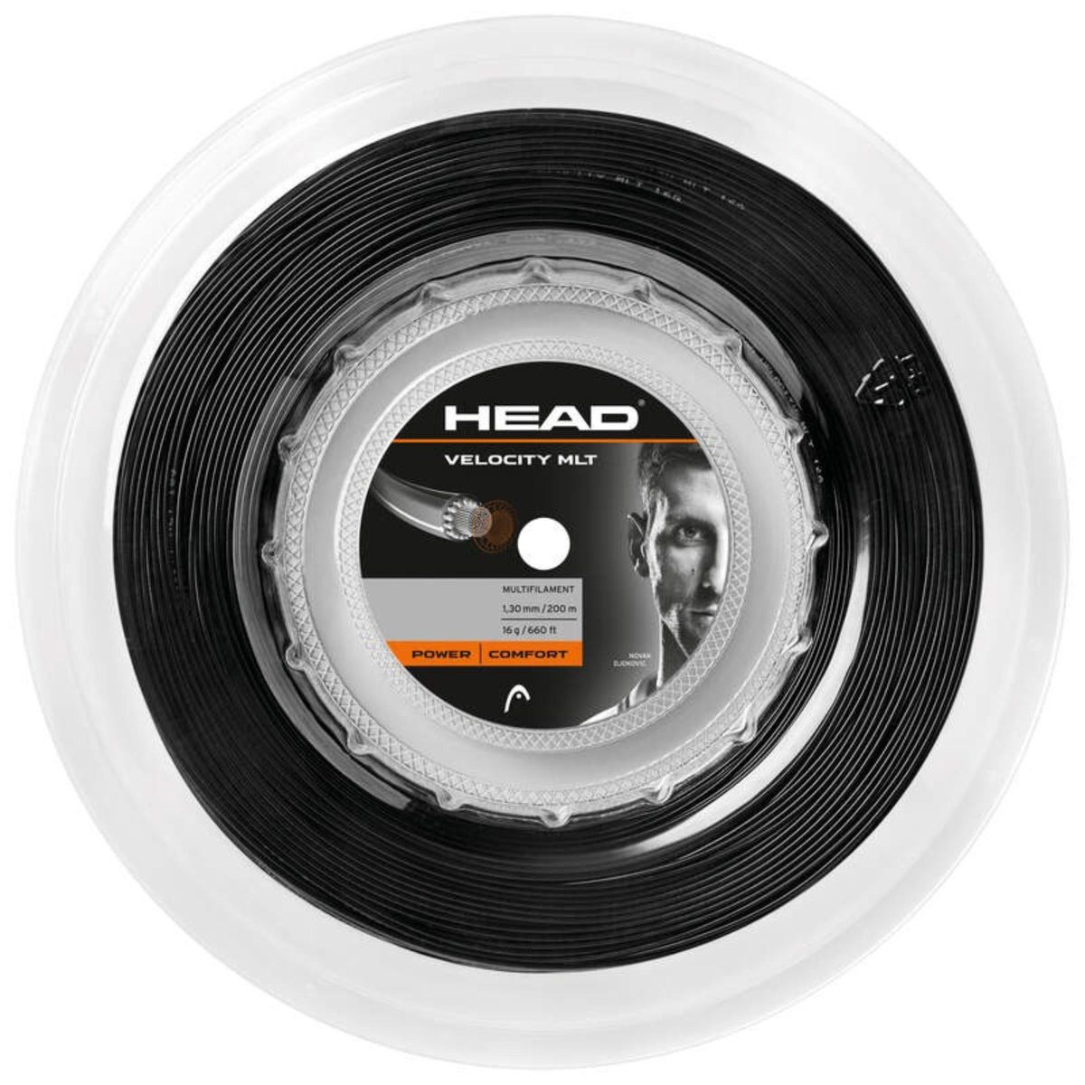 HEAD Velocity MLT multifilament tennis string reel, black color, 1.30 mm gauge, 200 m length, power and comfort.