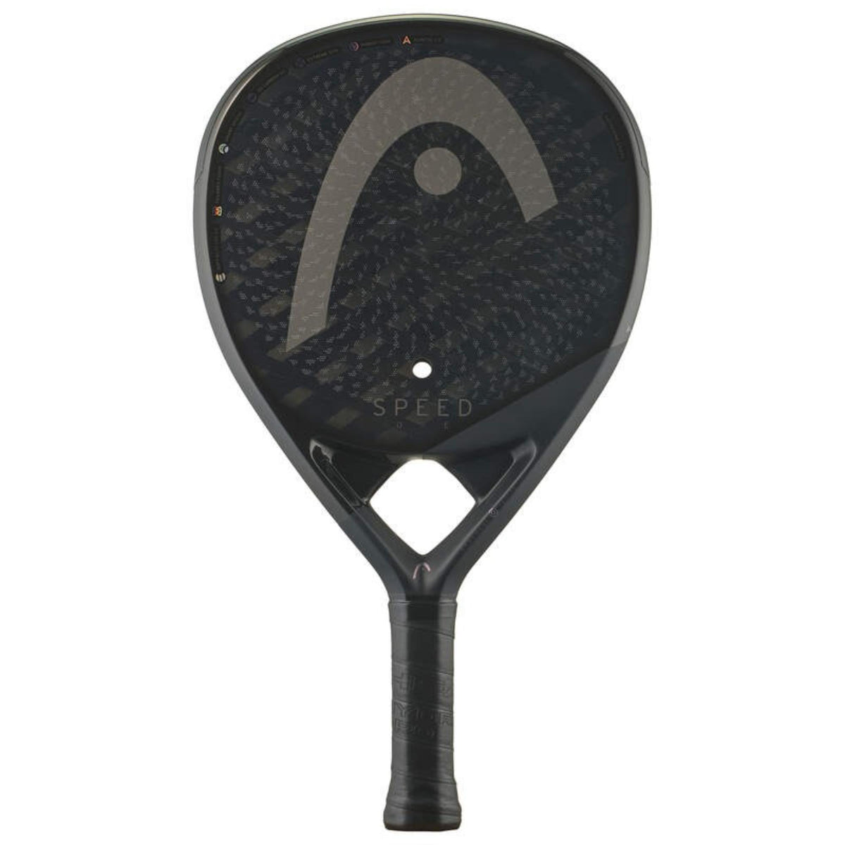 Front view of HEAD Speed One padel racket with black carbon face and large gray logo on white background.