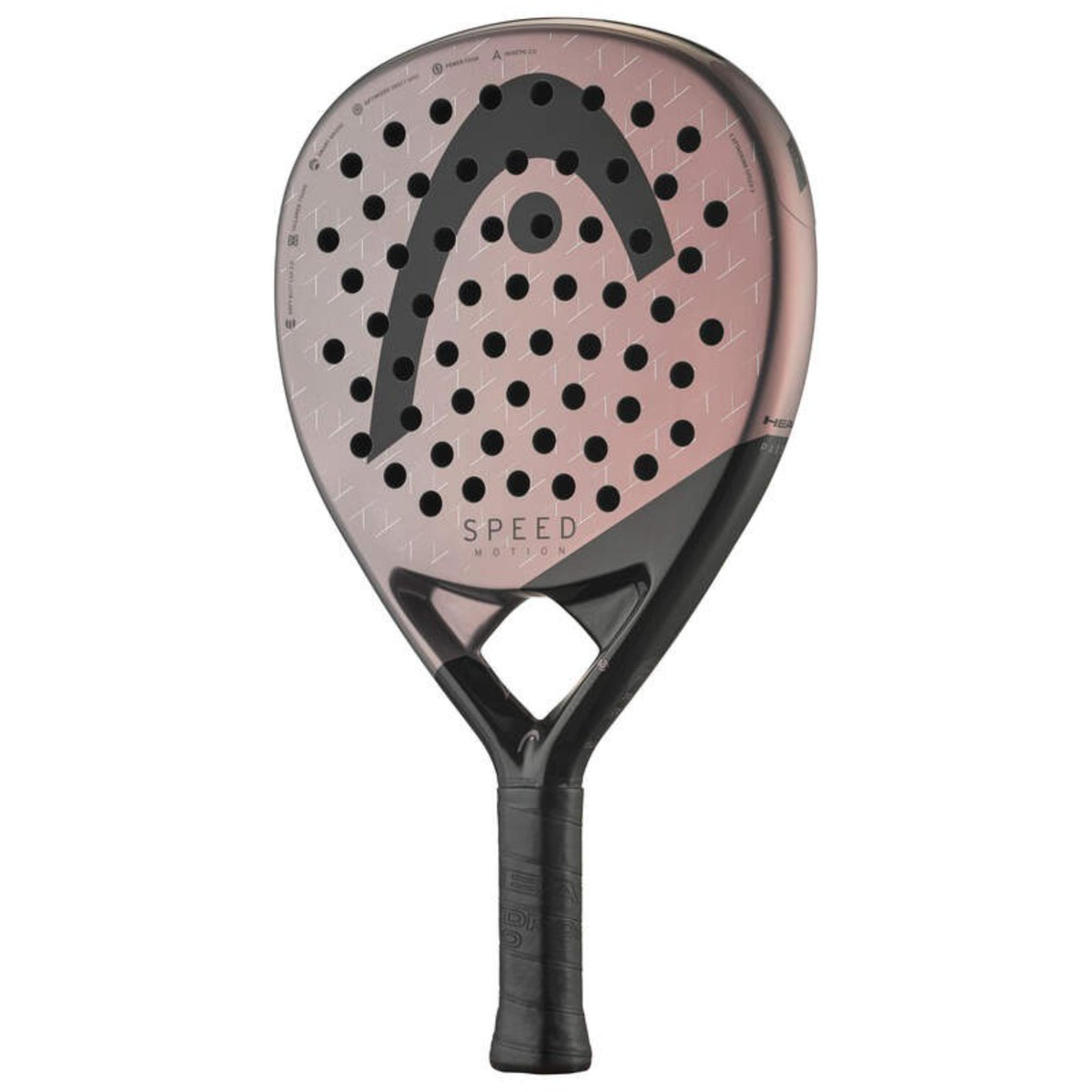 Close-up of the handle base cap of a rose-colored Head Speed padel racket with Head logo.