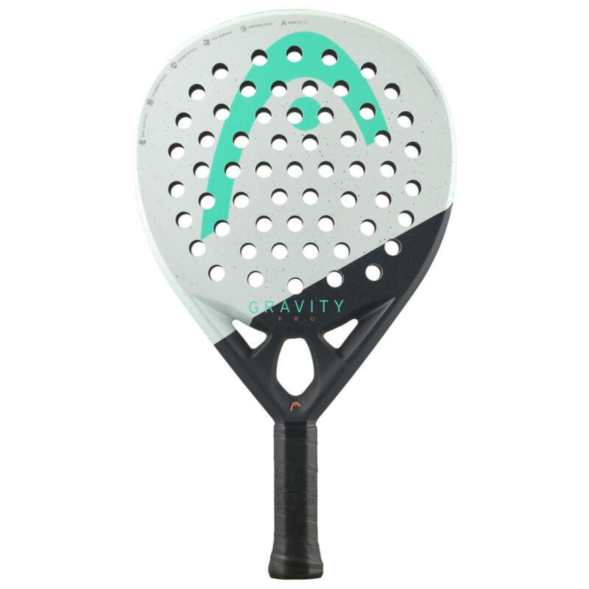 HEAD Gravity Pro padel racket angled view showing round shape, mint and black design, and textured face.