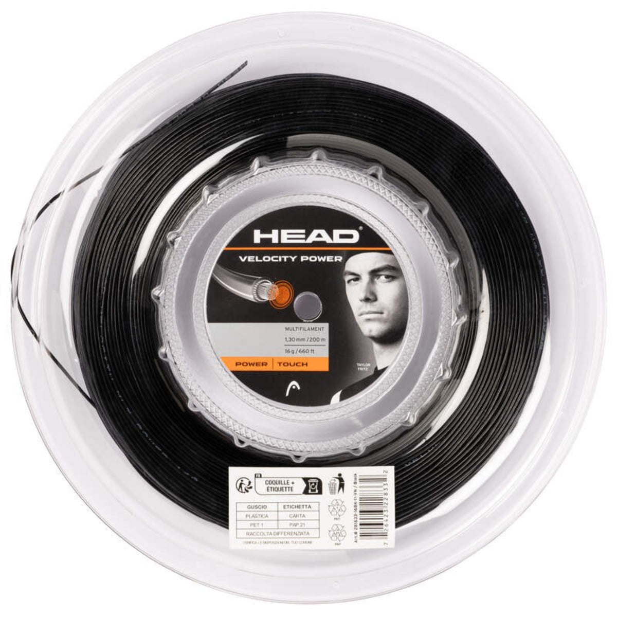 HEAD Velocity Power multifilament tennis string reel, black, 1.30 mm / 200 m, 16 g / 660 ft, Power | Touch, featuring Taylor Fritz on the label.