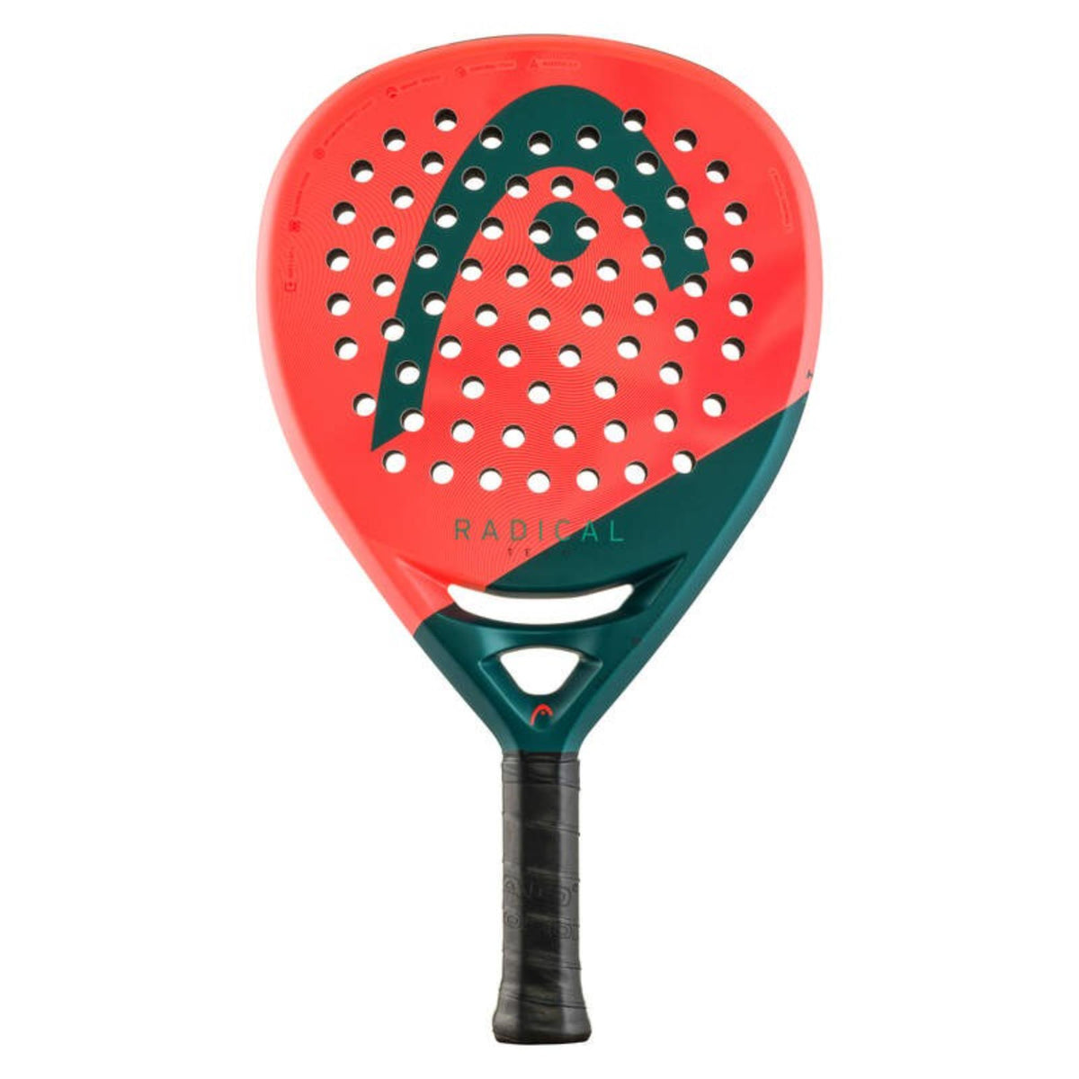 Head Radical Motion padel racket in green and coral with perforated face and black grip