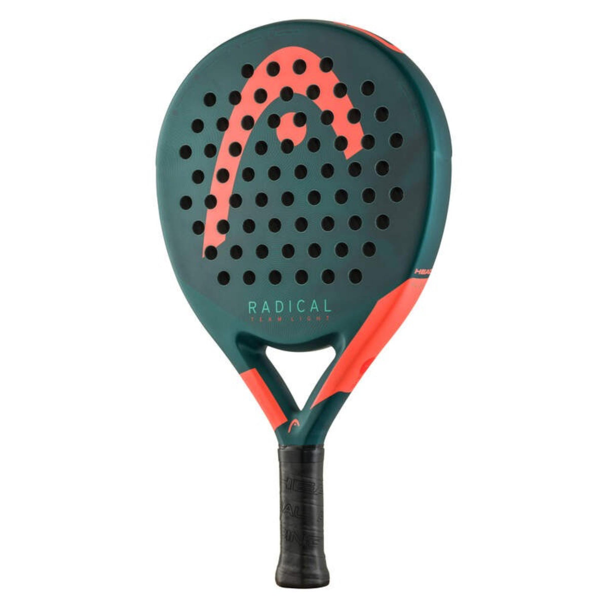 Head Radical Motion padel racket in teal and coral with perforated face and black grip, front view on white background.