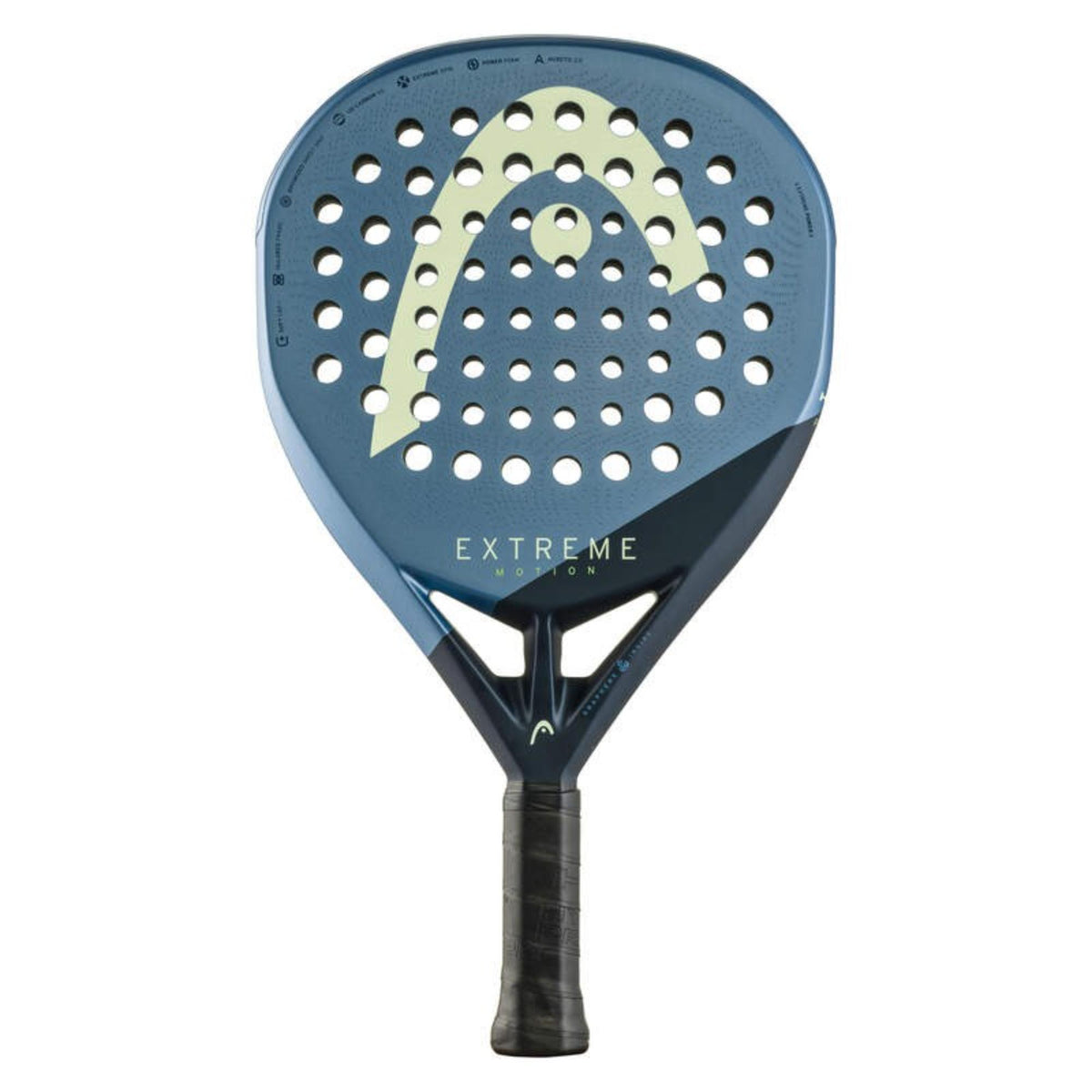 HEAD Coello Extreme Motion padel racket front view in blue with solid hitting surface.