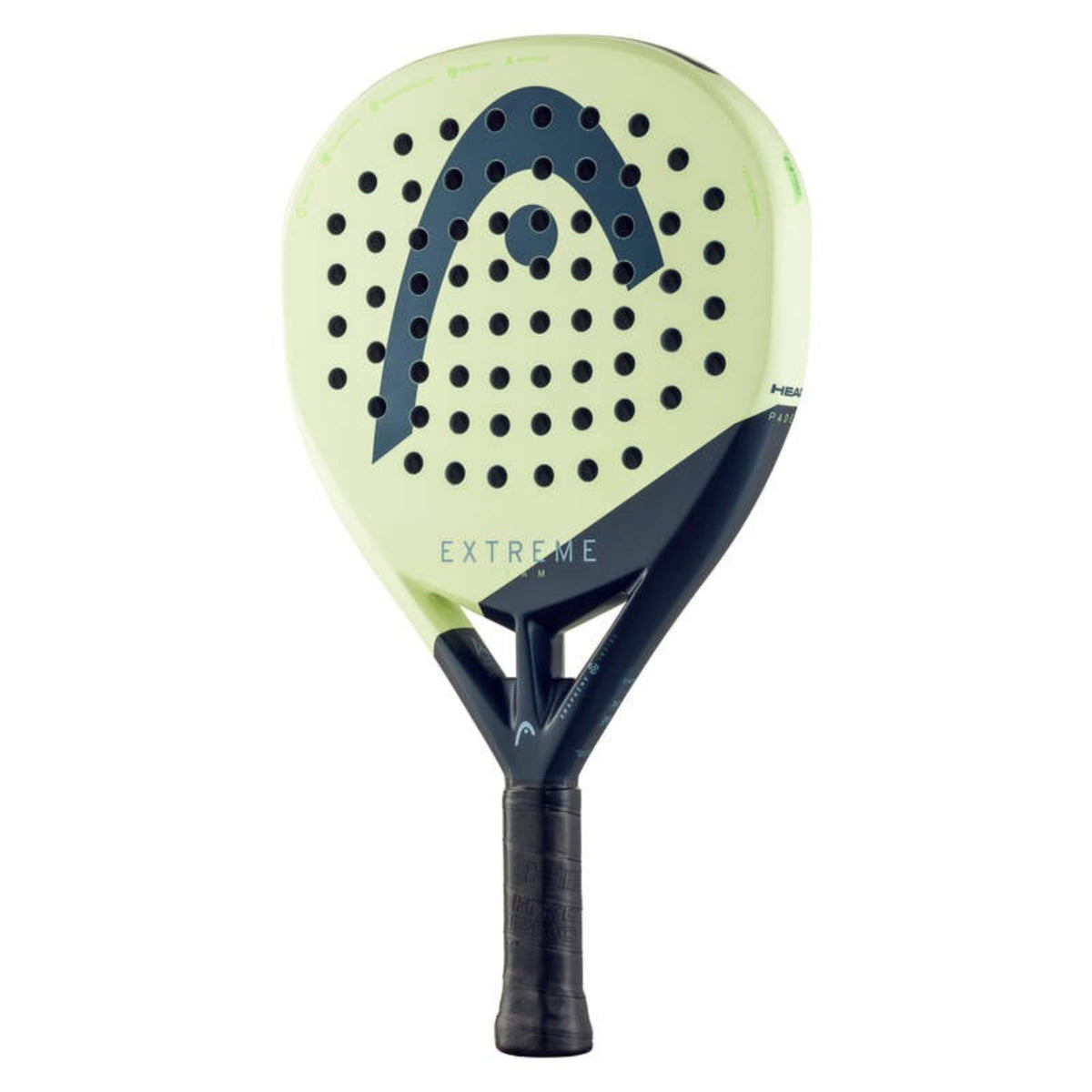Head Extreme Pro padel racket in navy and light green with perforated face and bold Head logo.