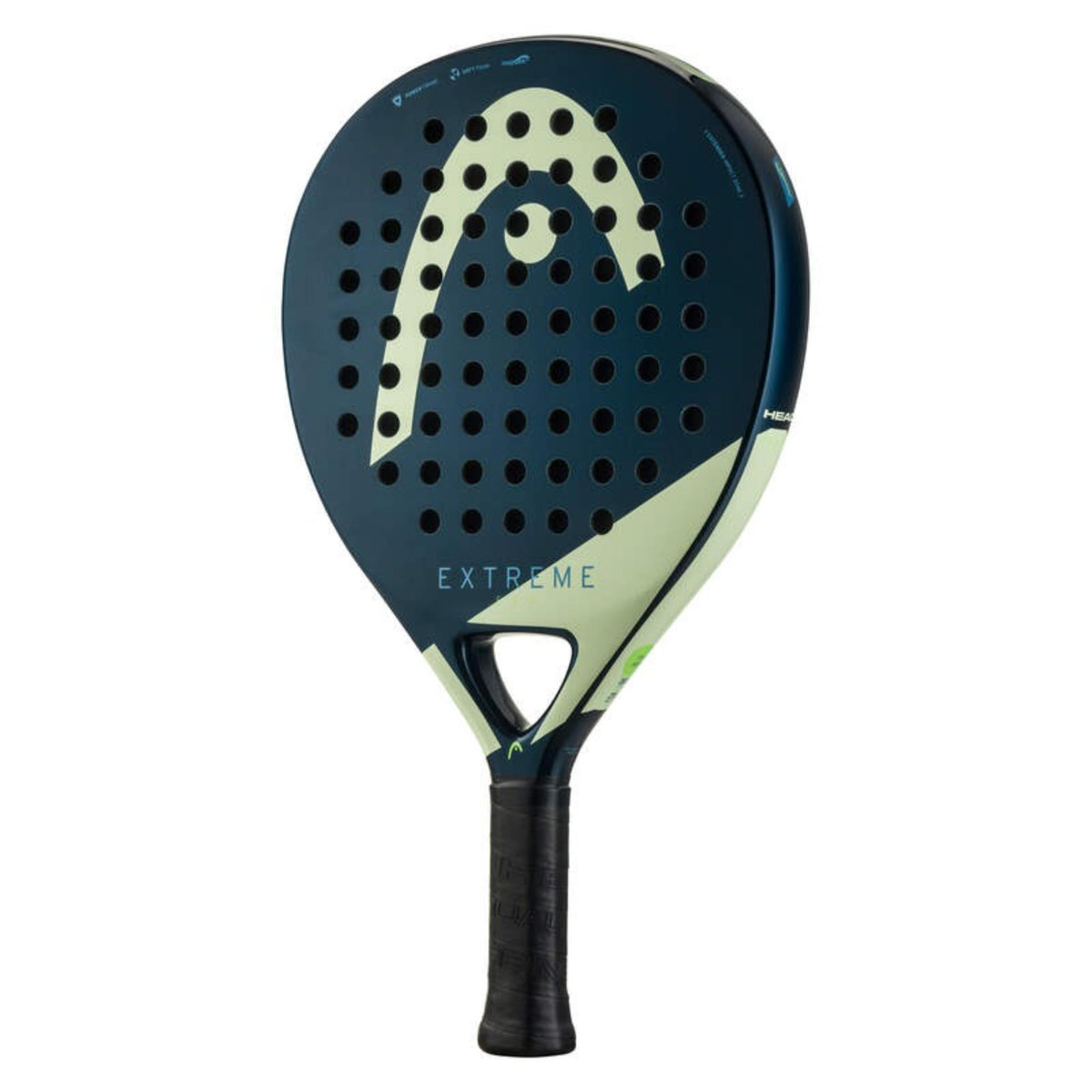 HEAD Extreme padel racket in navy and light yellow with perforated face and large HEAD logo, front view on white background.