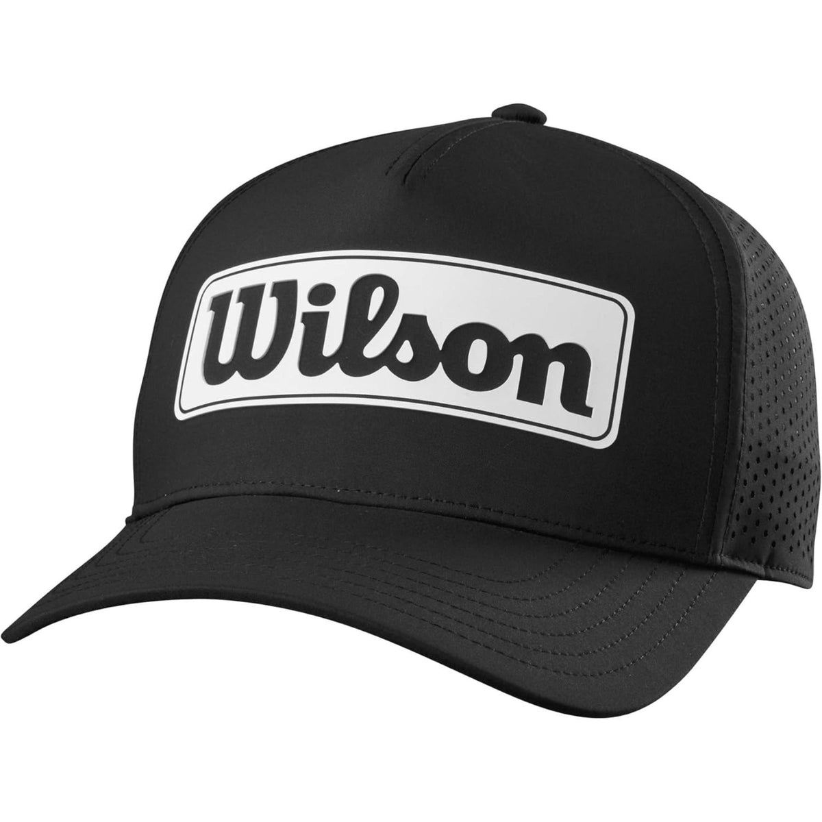 Wilson Golf performance hat in black featuring a large white Wilson logo patch on the front and perforated side panels for breathability.