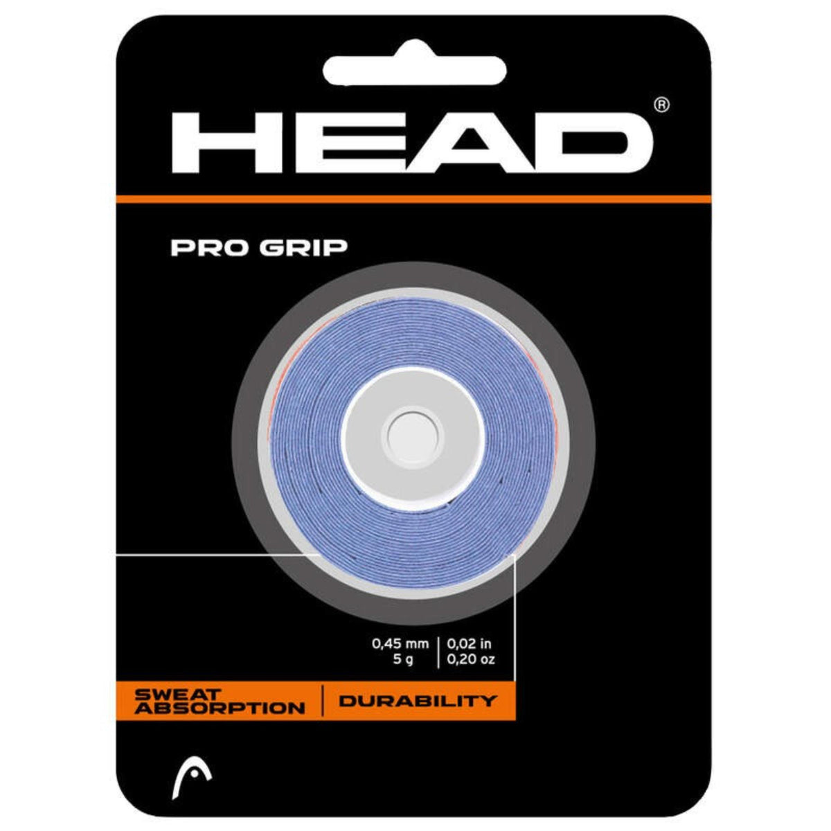 HEAD Pro Grip replacement grip tape roll in blue, retail packaging highlighting sweat absorption and durability features.
