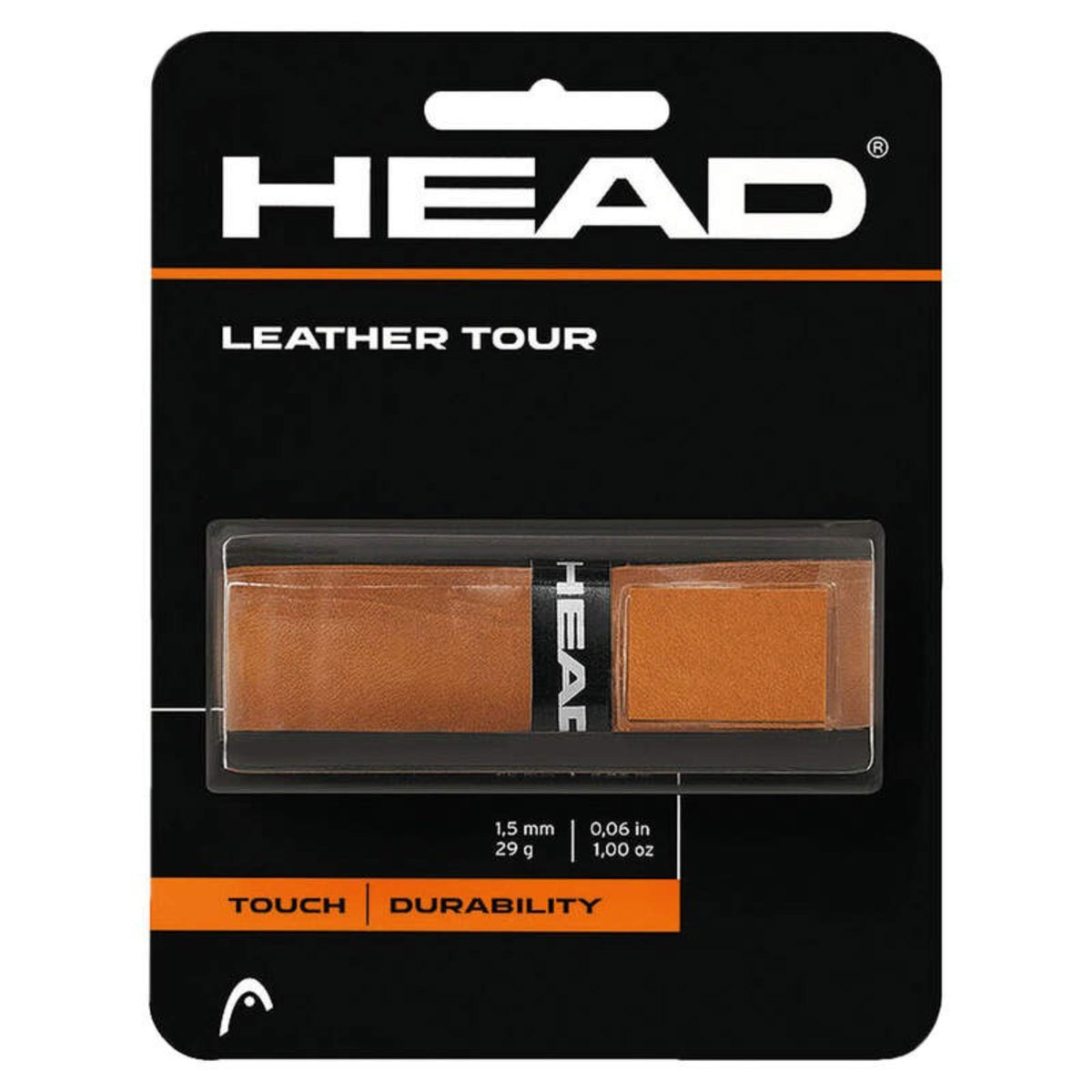 HEAD Leather Tour tennis replacement grip in black retail packaging highlighting touch and durability features.