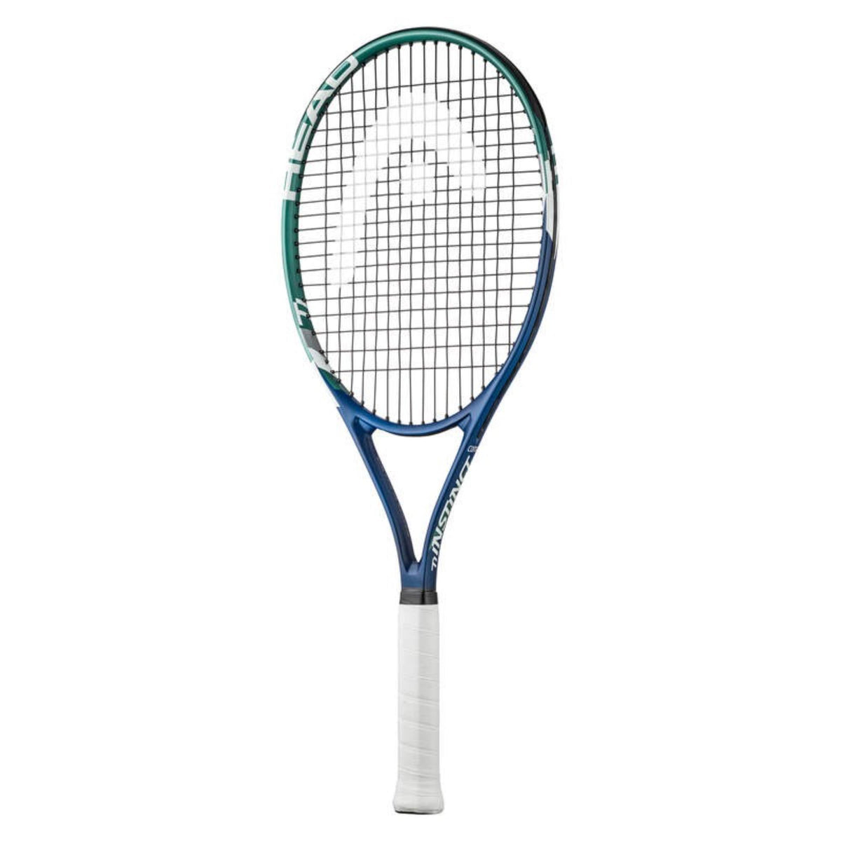 Front view of Head Boom Team tennis racket with green and blue frame, white grip, and black strings featuring a white Head logo pattern, displayed on a white background.
