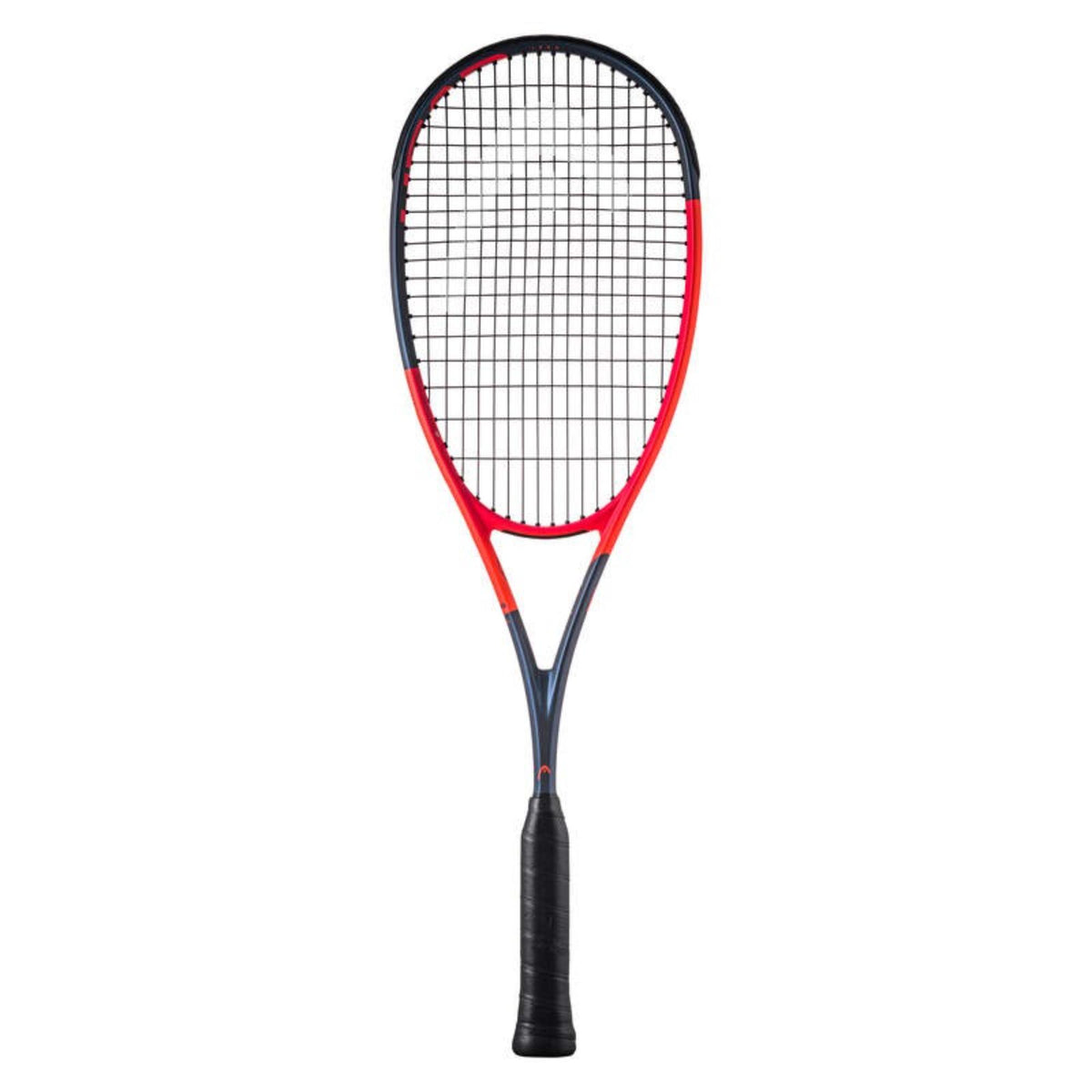 Head Radical tennis racket in red and black with black grip, full front view showing string bed and frame design.