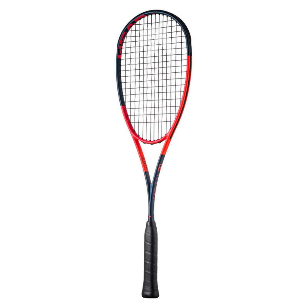 Head Radical tennis racket in red and navy blue with black grip, front view showing full string pattern and frame detailing.
