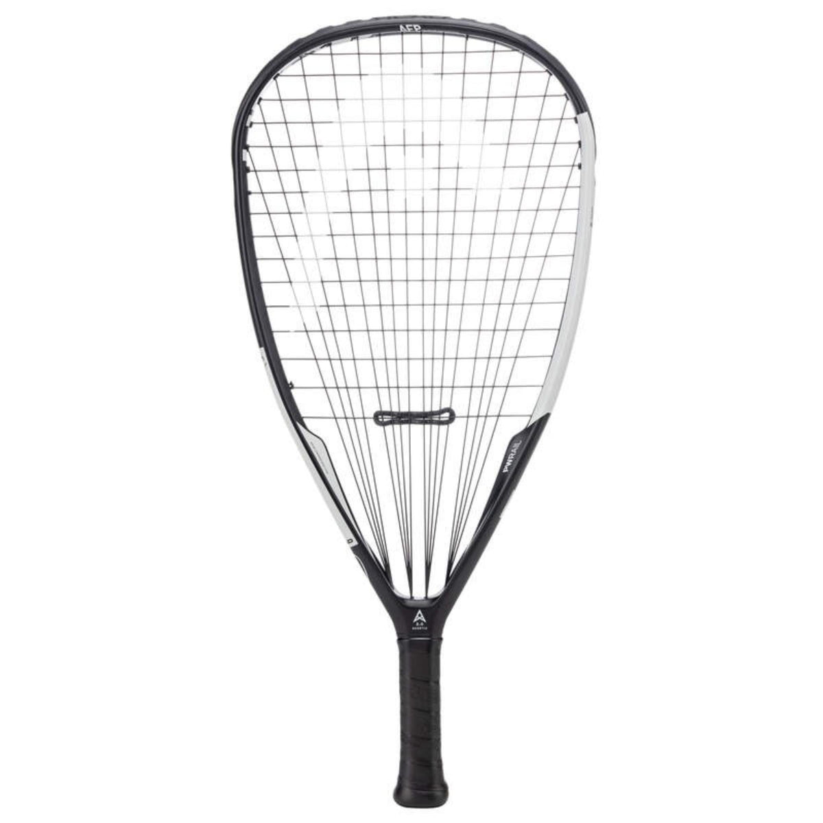 Black and white squash racket with teardrop head shape and black grip, front view on white background.