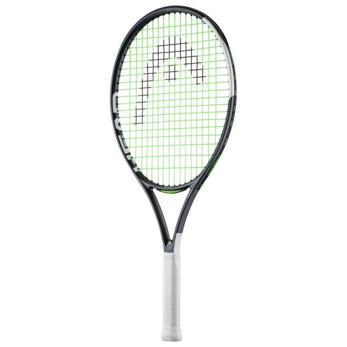 Front view of Head tennis racket with black frame, white grip, and green strings featuring the Head logo pattern, shown against a white background.