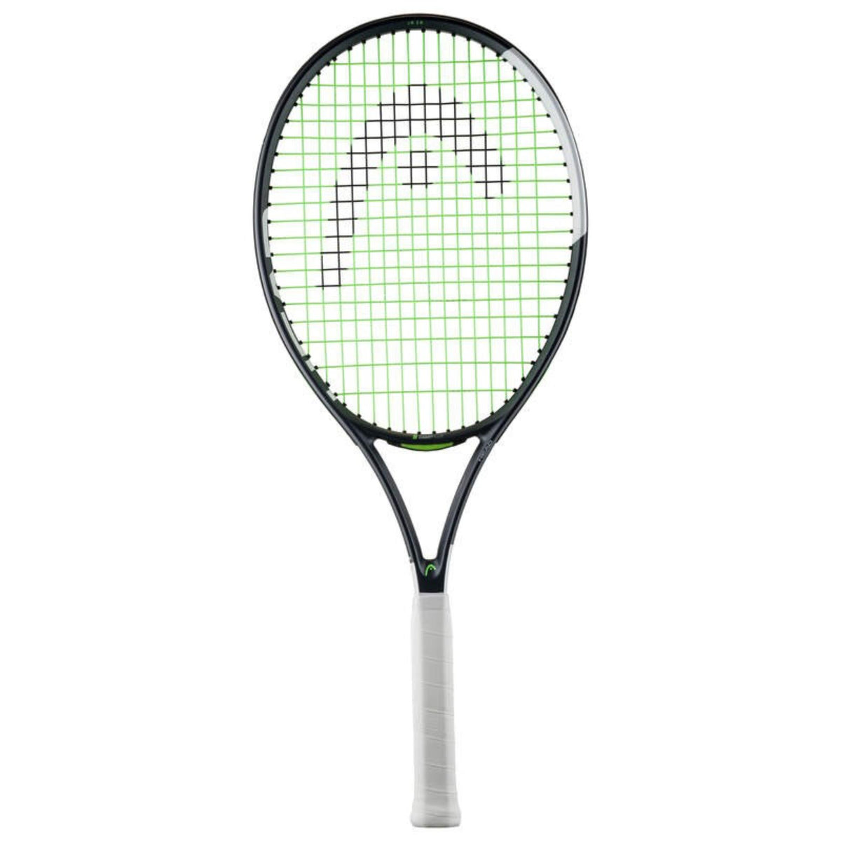 Front view of Head tennis racket with black frame, white grip, and green strings featuring the Head logo pattern, shown against a white background.