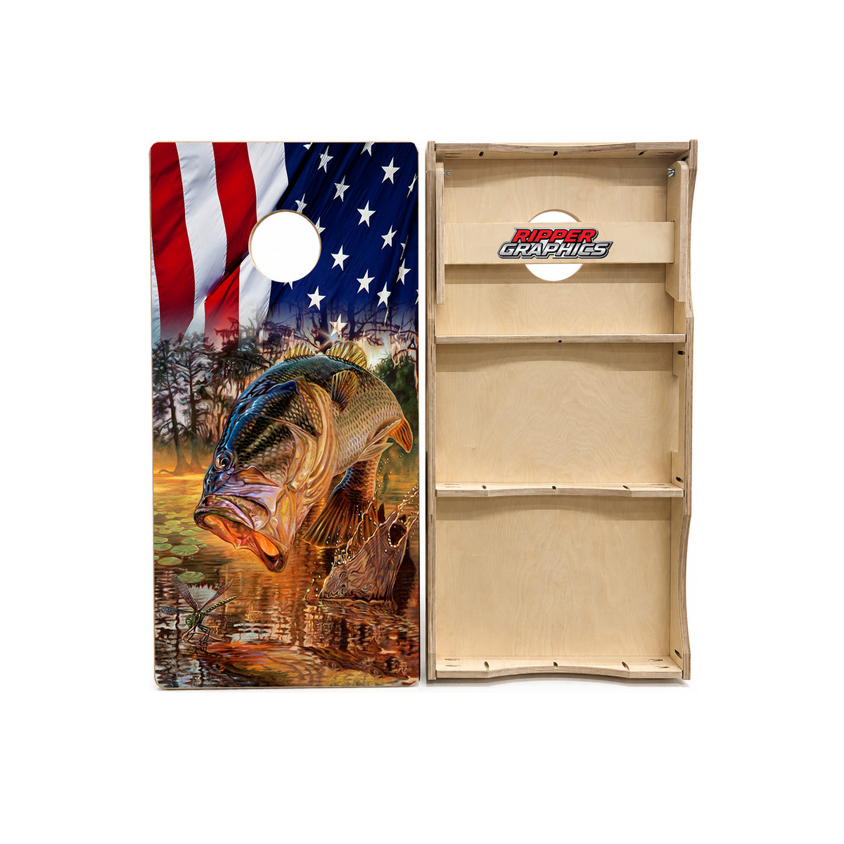 Jumping Bass American Flag Cornhole Design product photo
