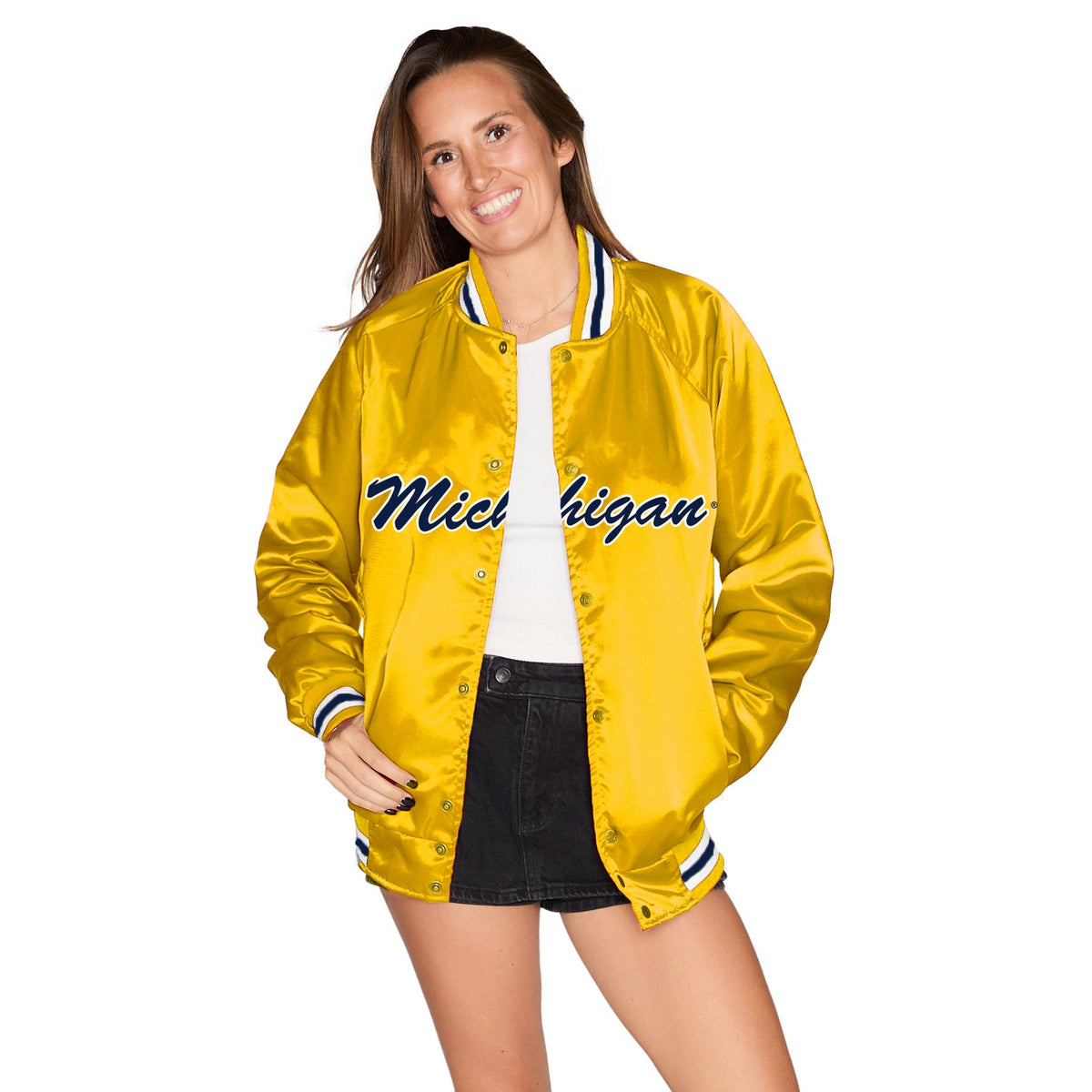 University of Michigan Maize Satin Letterman Bomber Jacket