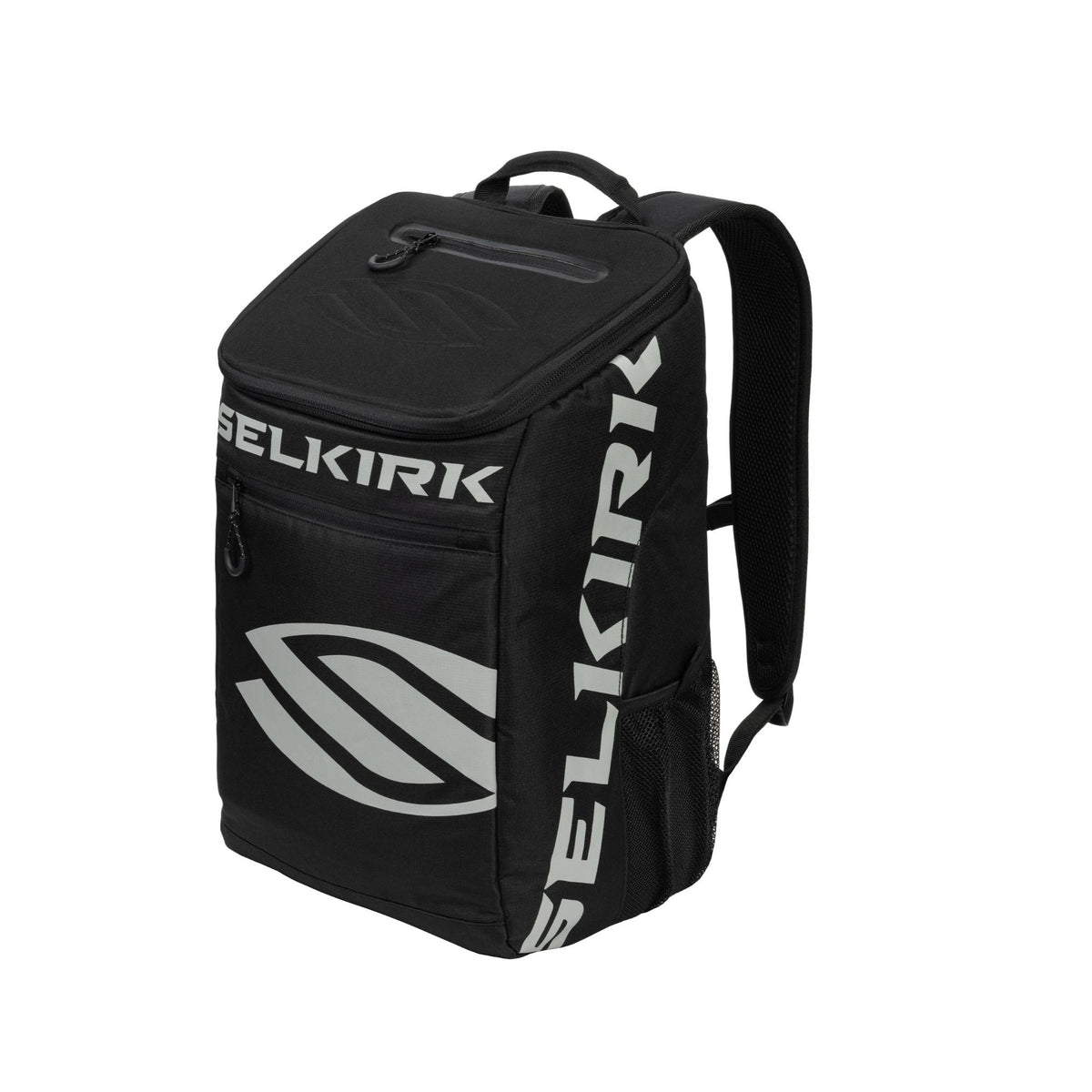 Selkirk Sport Core Line Team pickleball backpack with structured design, multiple zippered compartments, padded shoulder straps, and side mesh pocket for equipment storage.