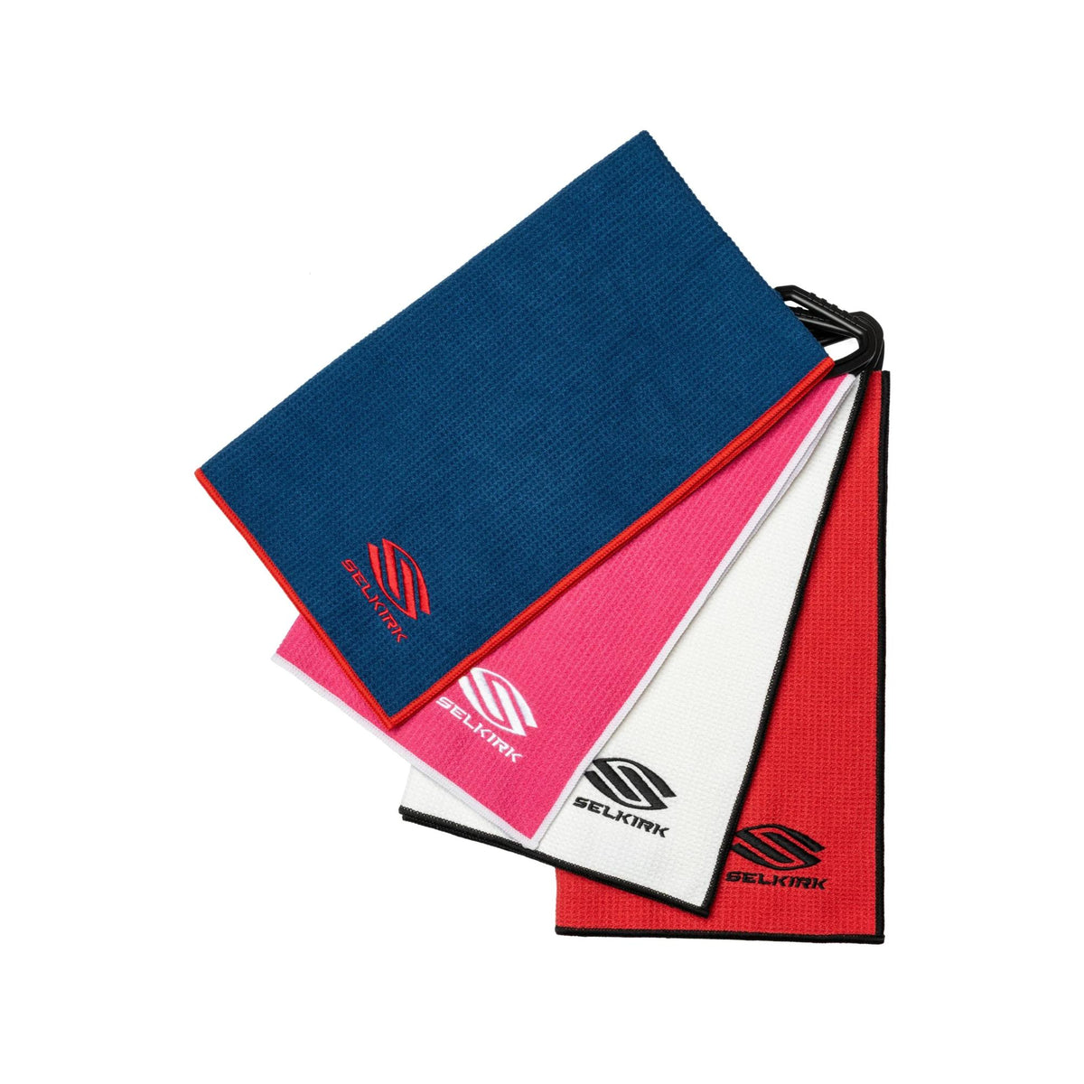 Selkirk Sport players’ pickleball towel set with textured fabric, stitched edges, and attached clip, shown in a stacked arrangement.