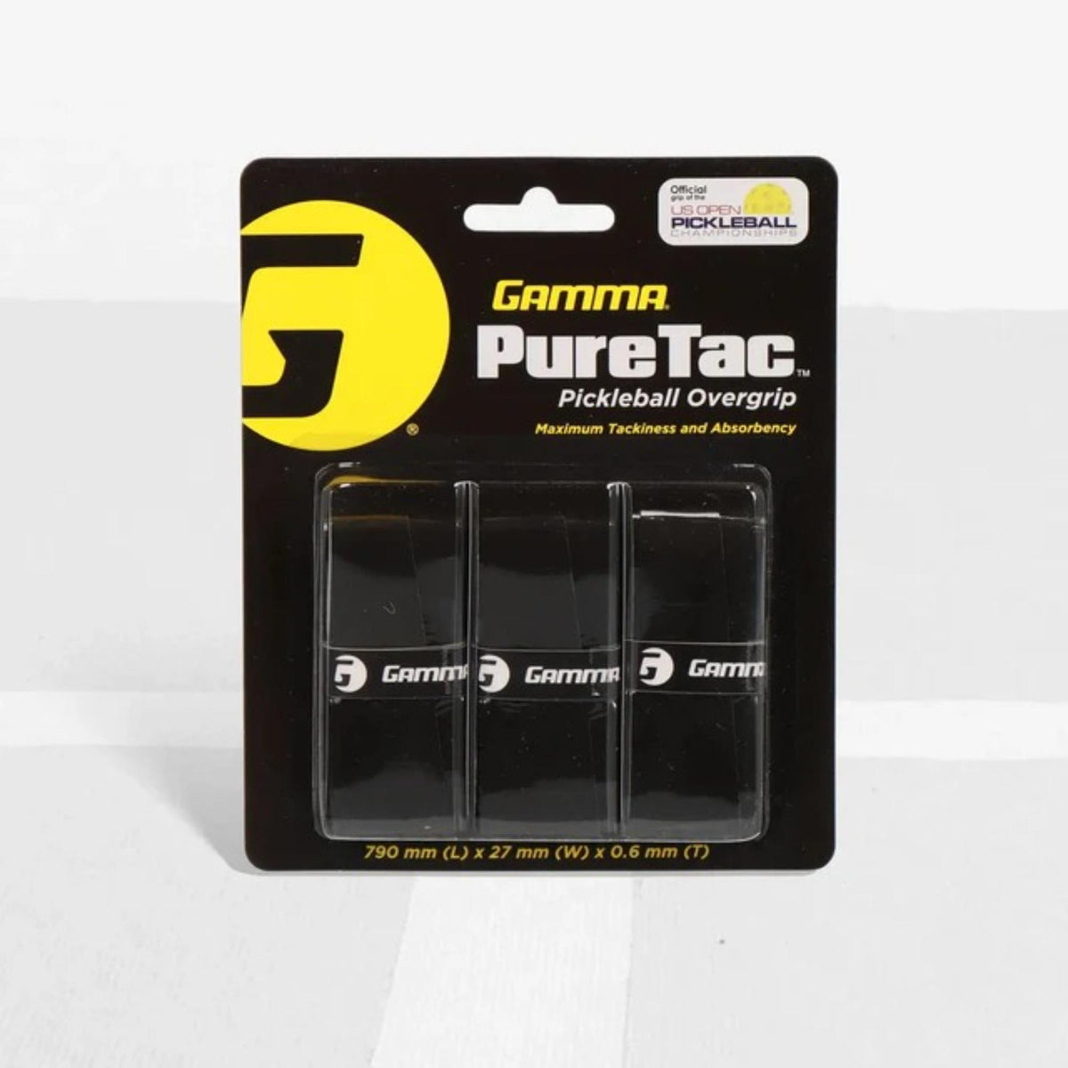 Packaged pickleball overgrip designed to enhance paddle handle grip, providing improved tackiness, comfort, and moisture absorption.