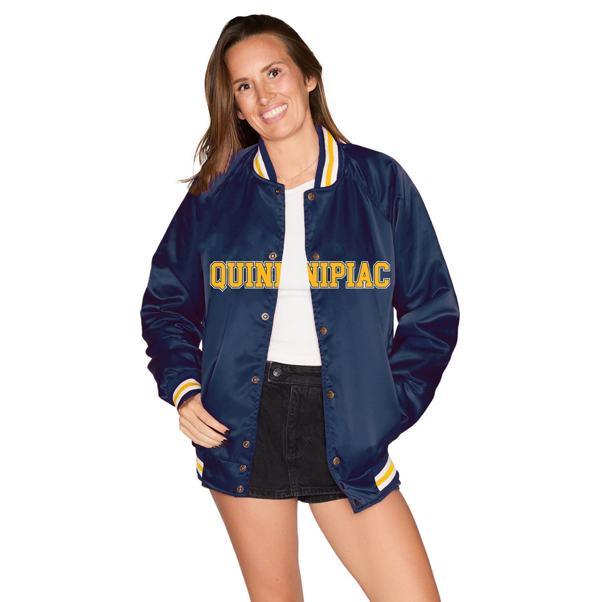 Quinnipiac Satin Letterman Bomber Jacket
