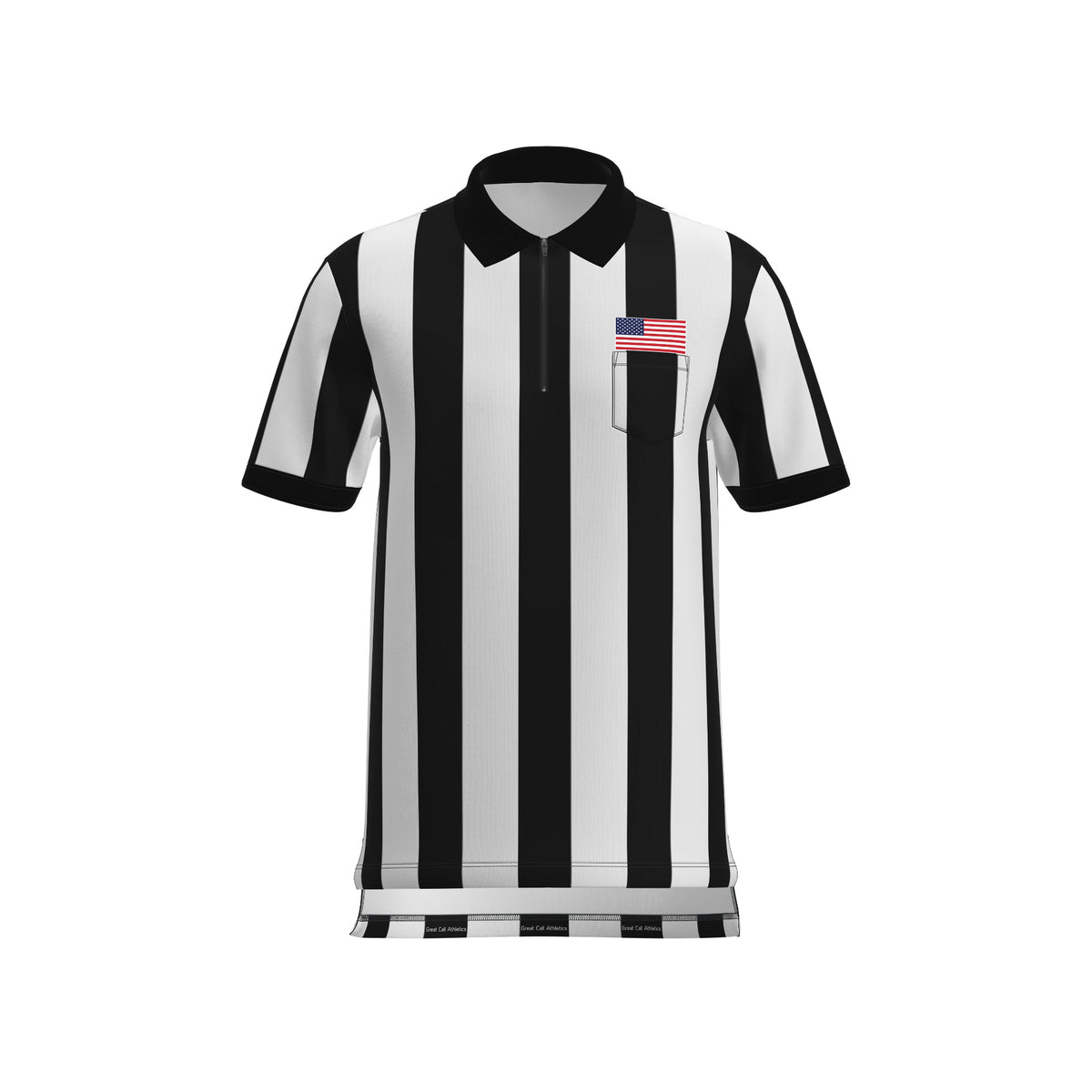 Great Call Athletics football referee shirt with sublimated USA flag on a pure white background