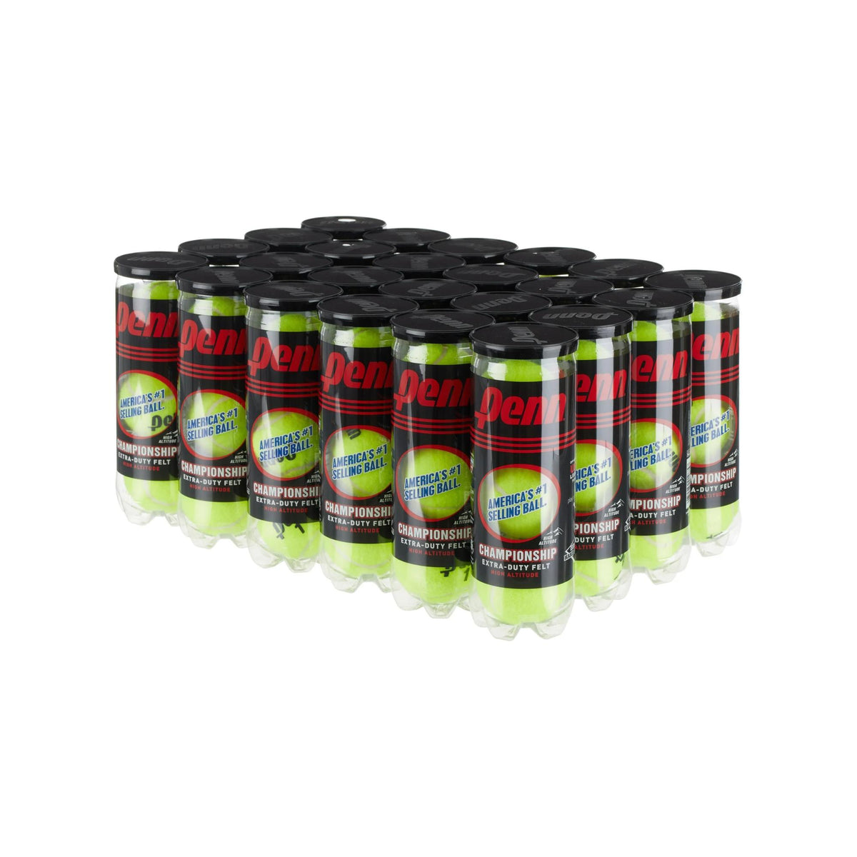 Case of tennis balls in multiple cans with labeled packaging and sealed lids.