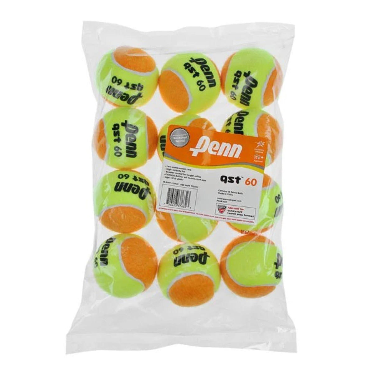 Bag of Penn QST 60 felt tennis balls with orange dot design for beginner and youth training.